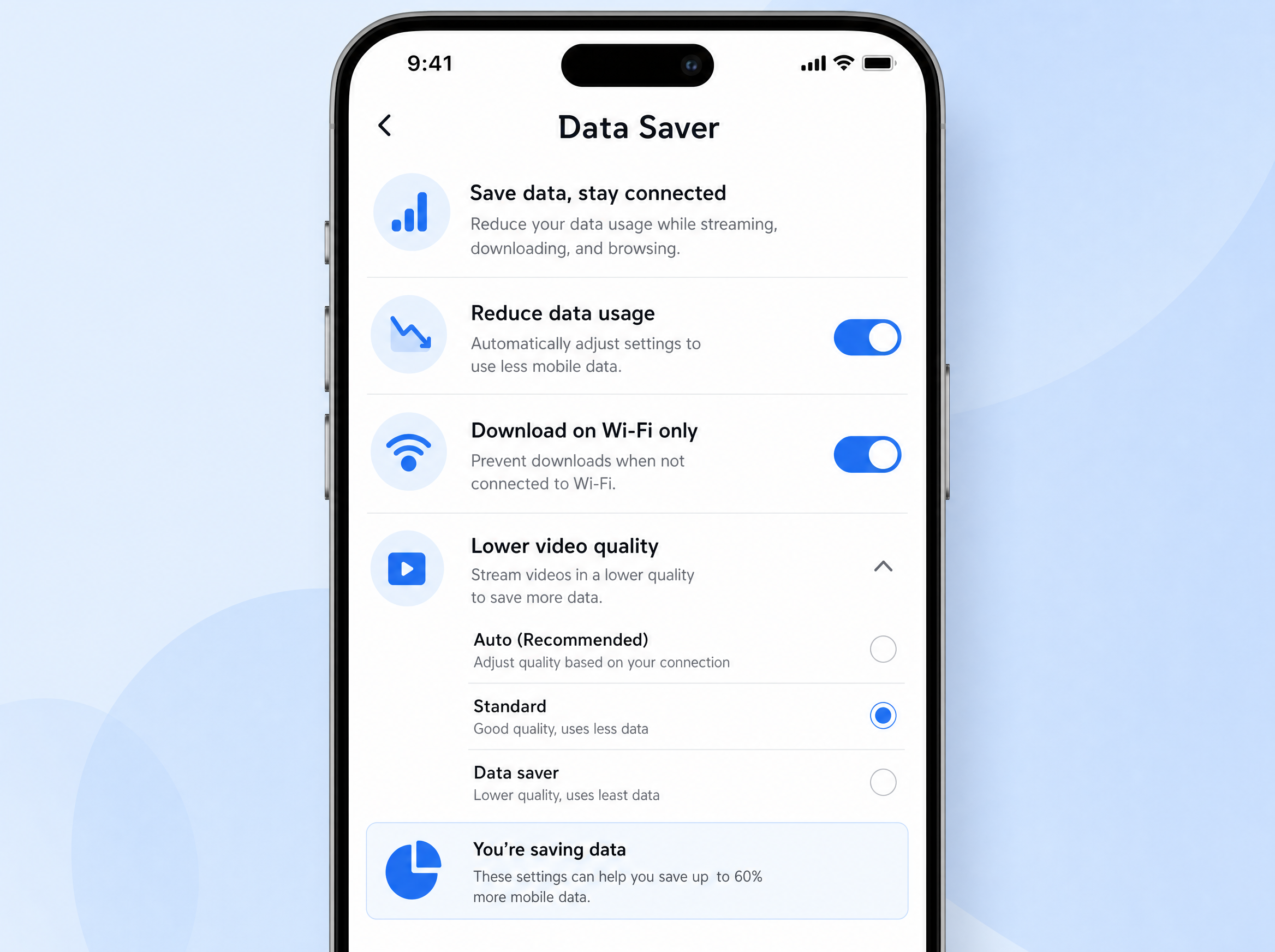 Réglages d'application affichant les options d'économie de données