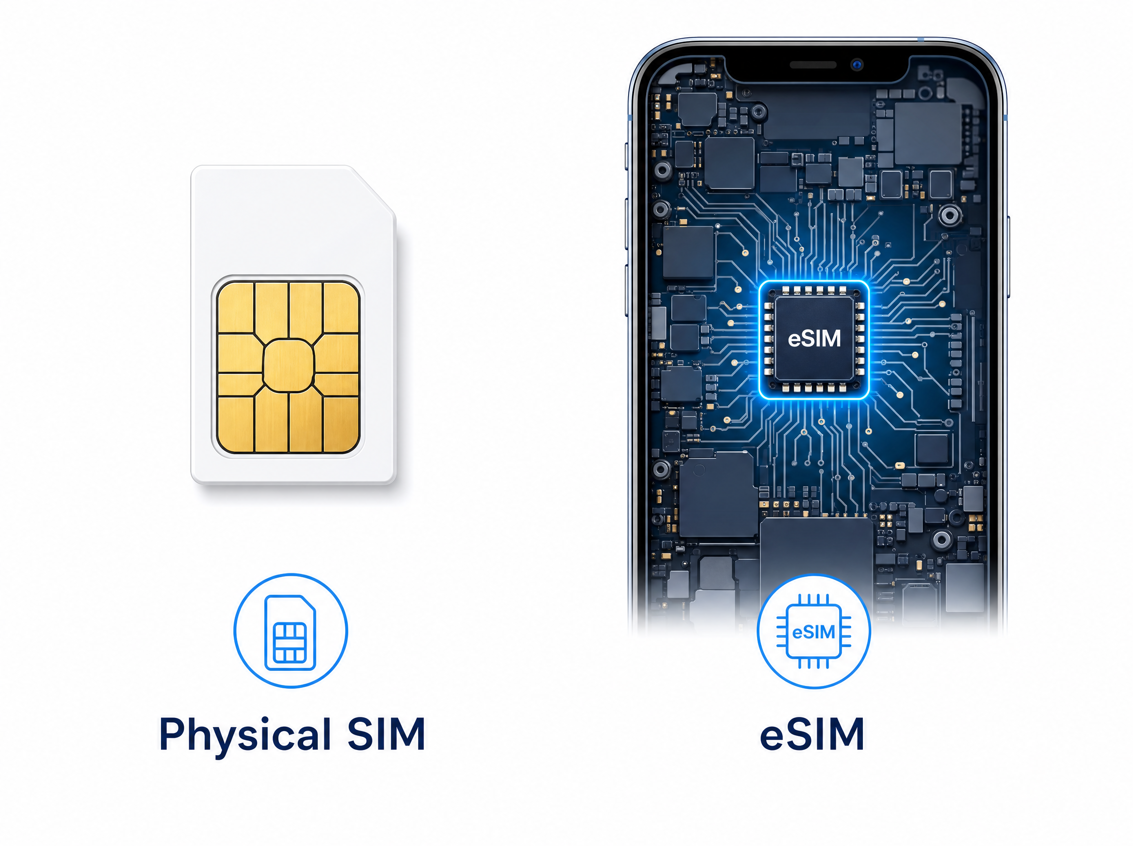 Schéma comparant une carte SIM physique et une eSIM intégrée dans un smartphone