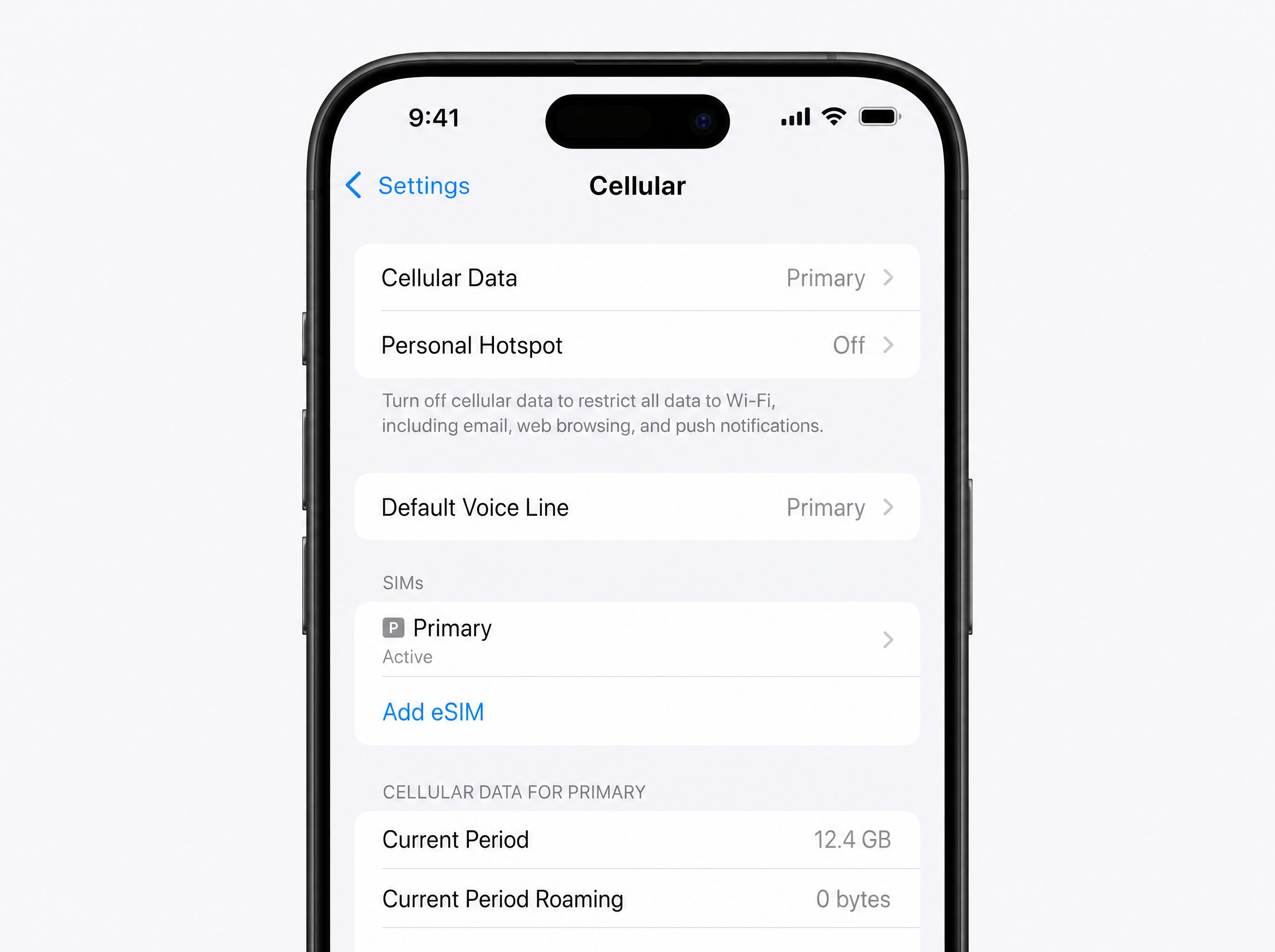 Capture d'écran montrant l'option Ajouter un forfait dans les réglages cellulaires