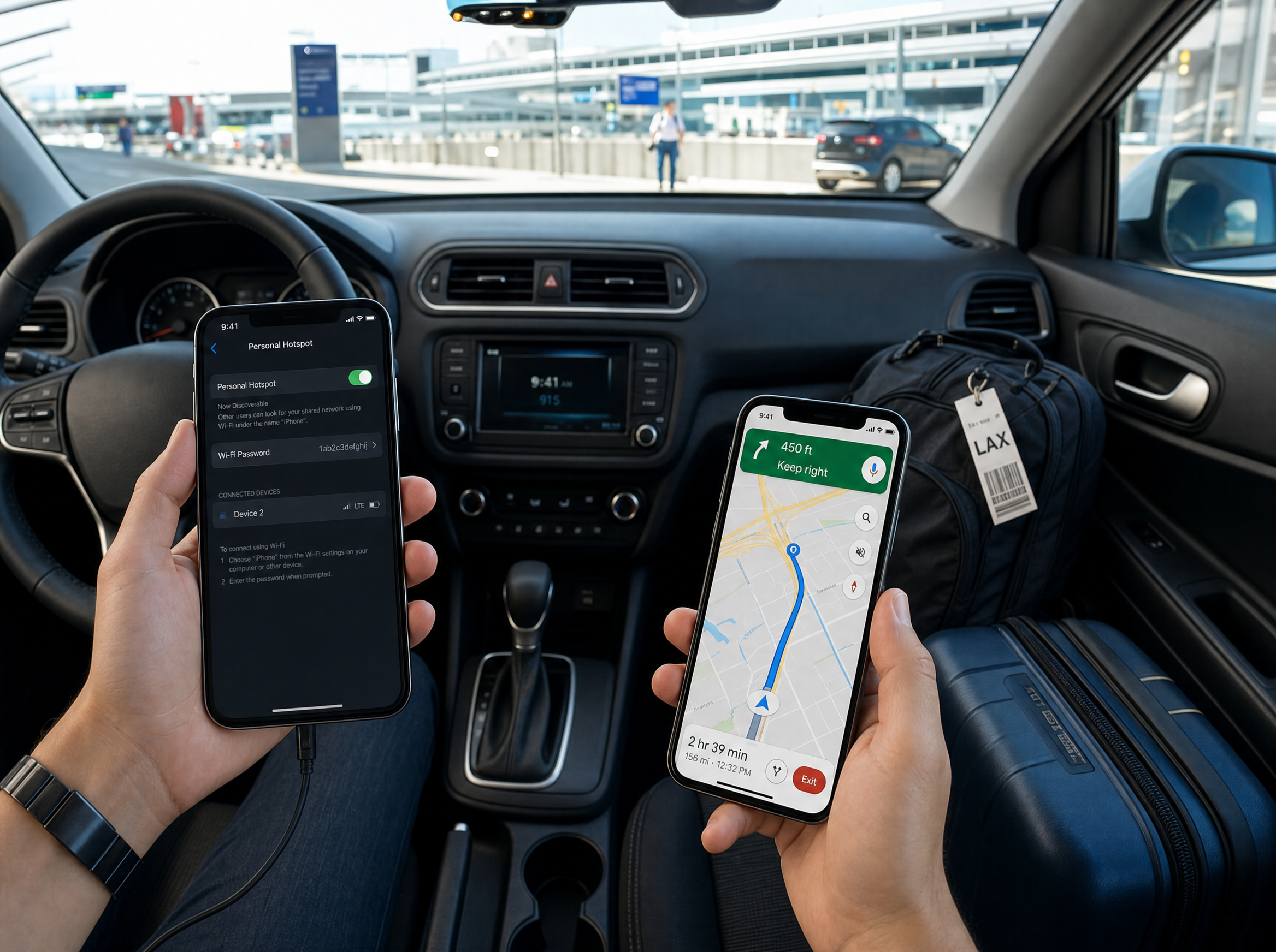 Deux téléphones connectés en partage de connexion, illustrant le scénario hotspot en voiture de location après l'aéroport