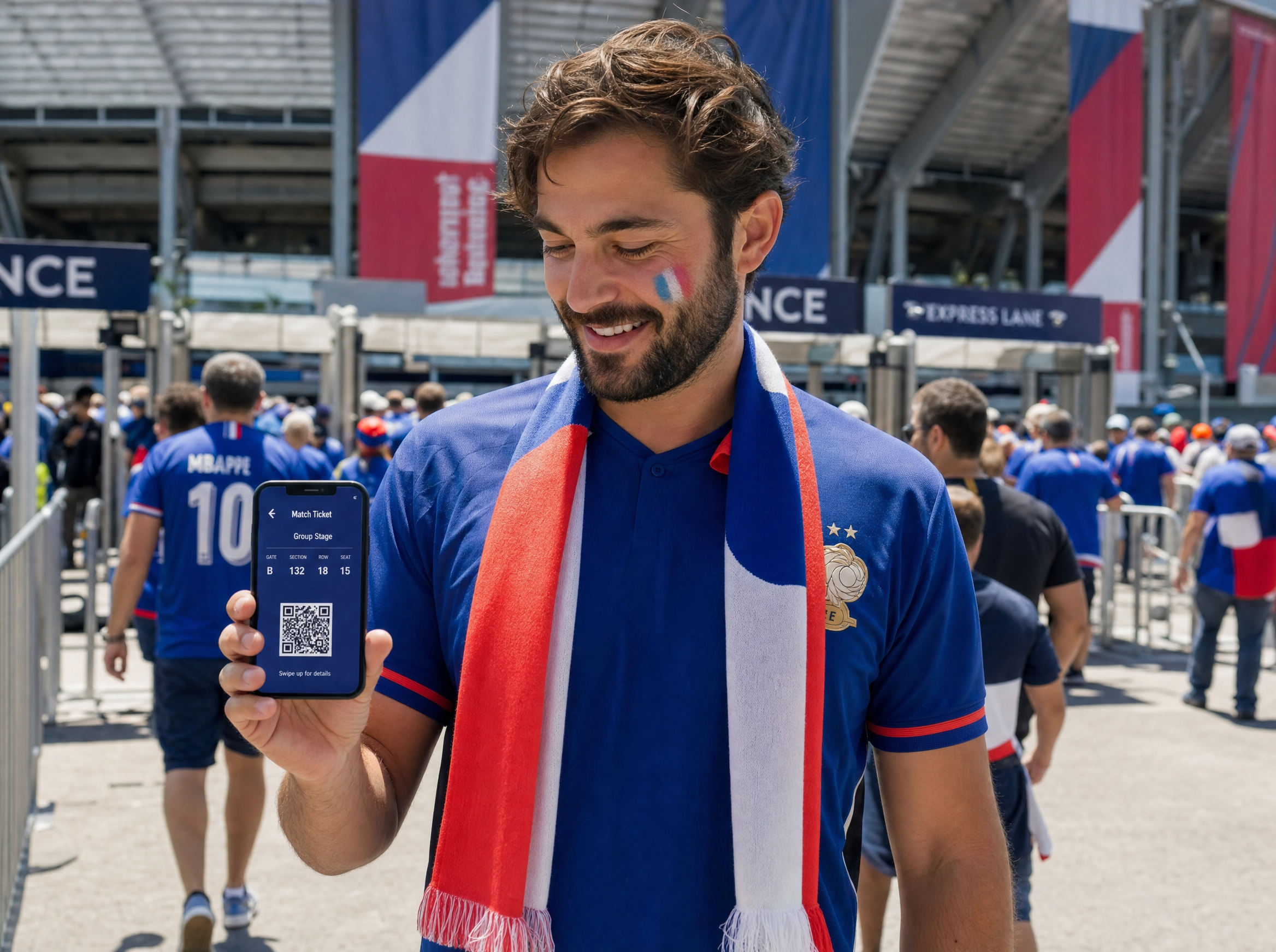 Un supporter français en maillot bleu présente son téléphone affichant un QR code à un agent de sécurité au portique du MetLife Stadium, foule en arrière-plan, ambiance jour de match Coupe du Monde