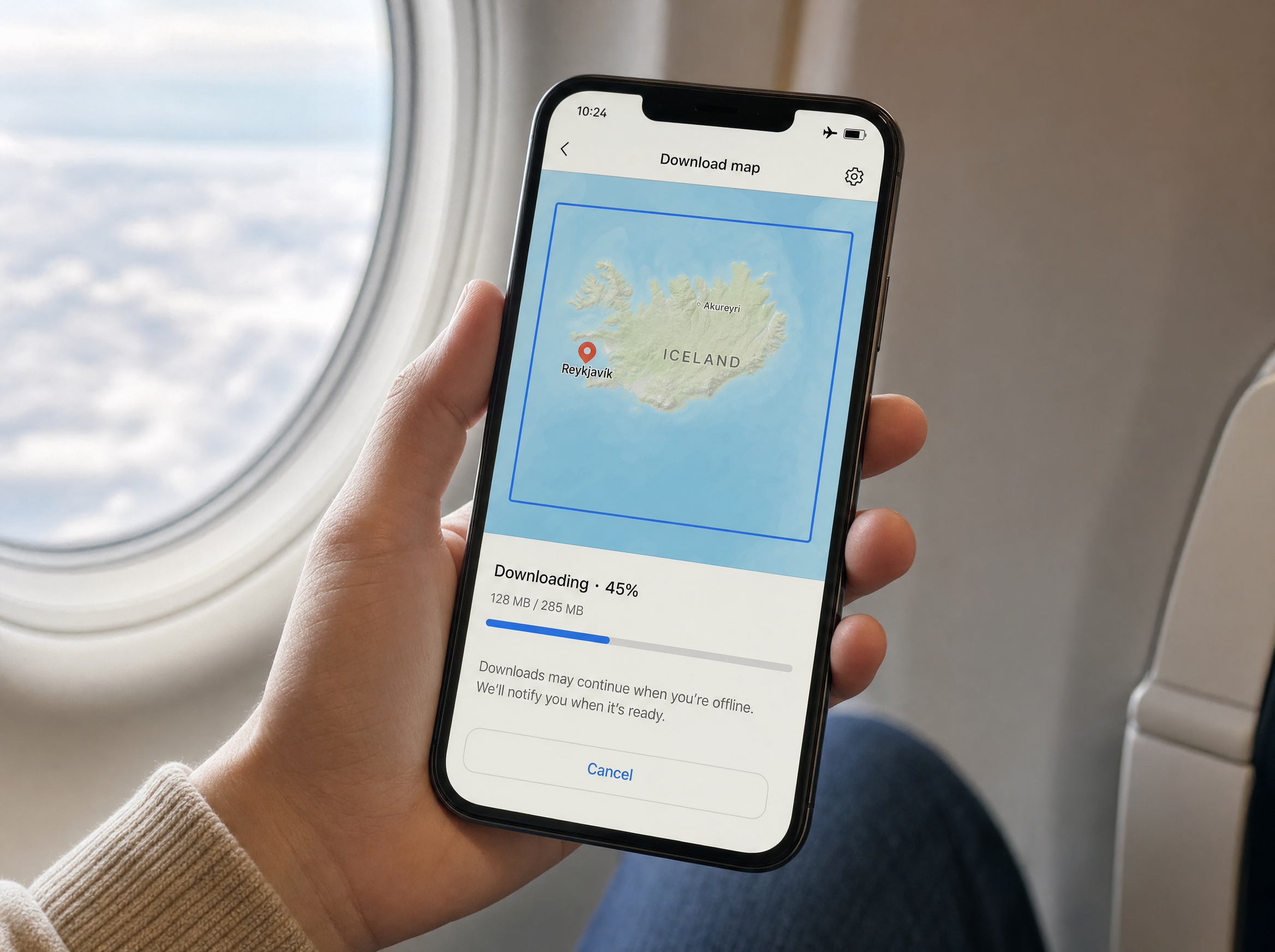 Smartphone affichant un téléchargement de carte Google Maps hors ligne