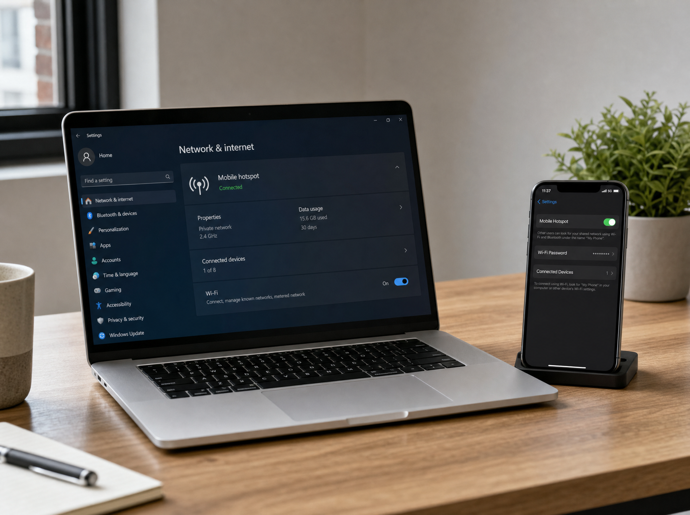Ordinateur portable connecté au partage de connexion d'un smartphone