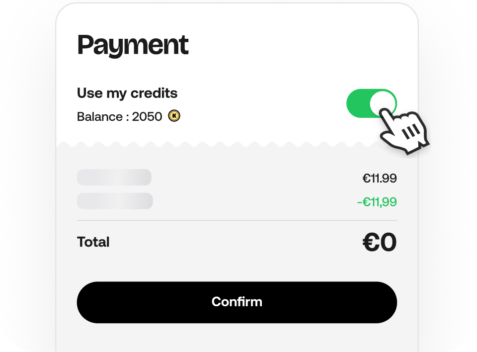 Payment screen using credits, total 0 euros
