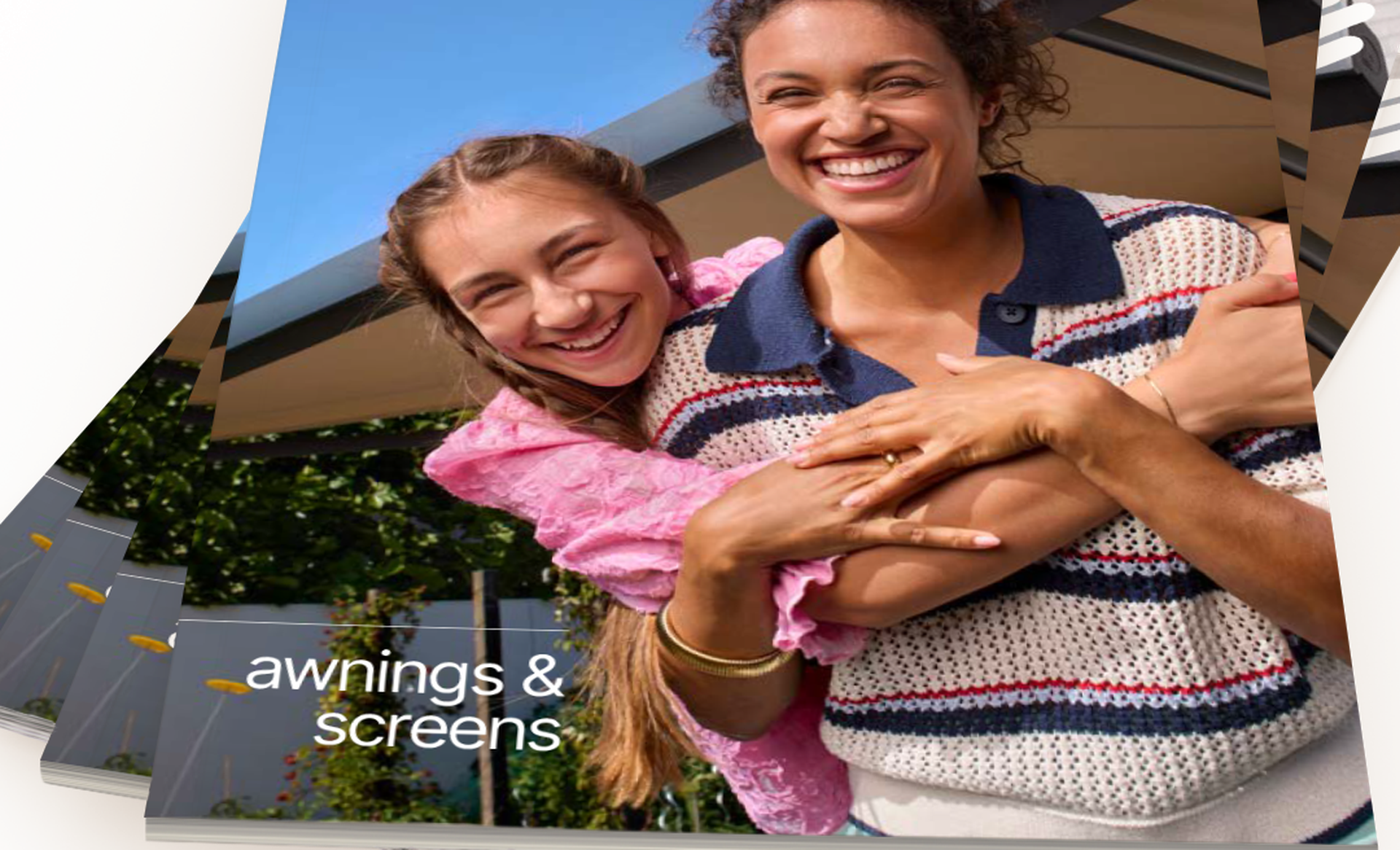 Open brochure showing a modern villa with a patio awning by the pool, featuring the Brustor logo and the title “Sun Protection” on the page.