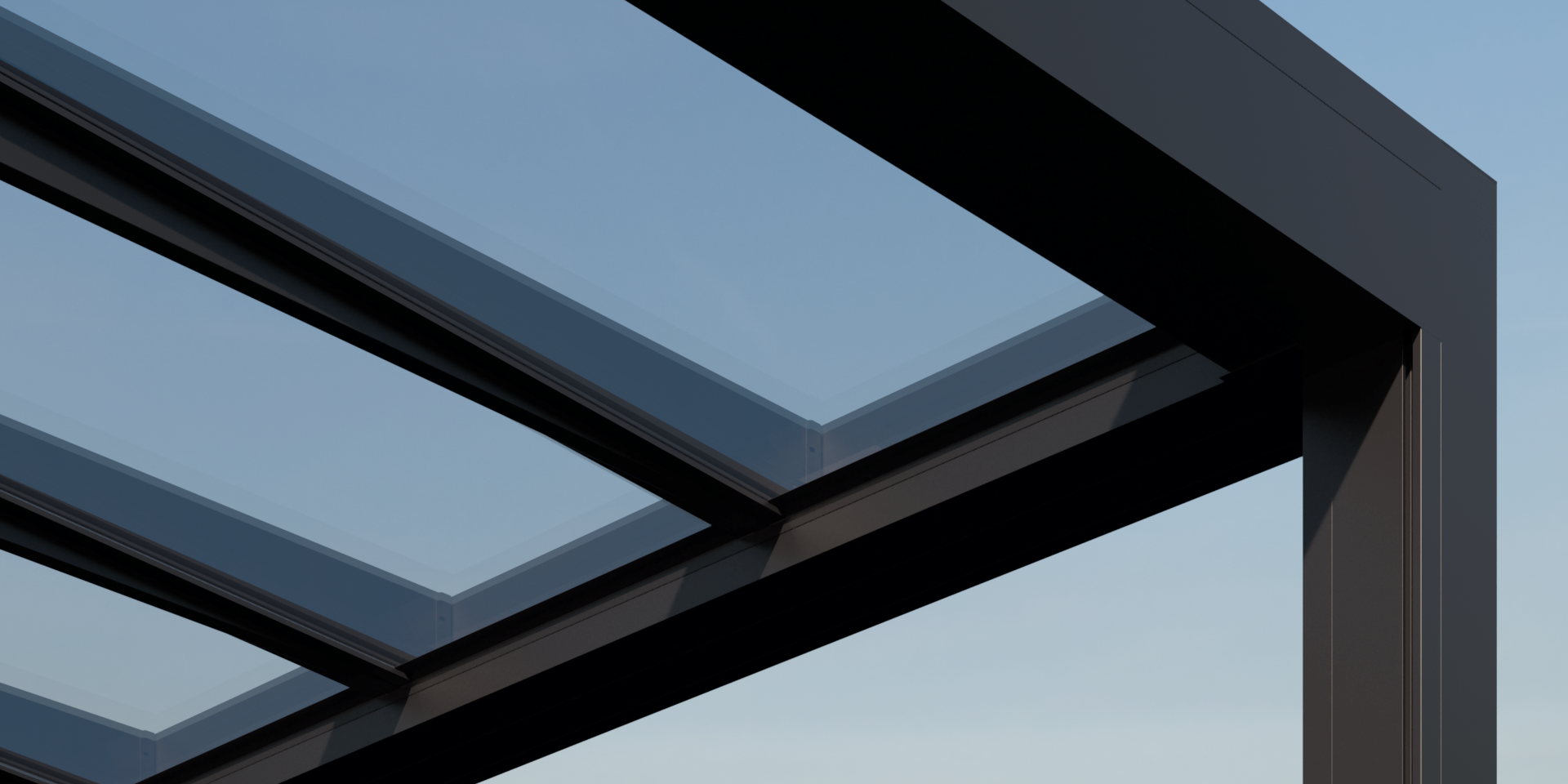Gros plan d’une pergola en aluminium à toiture fixe vitrée, montrant la structure et les panneaux de verre sous un ciel dégagé.