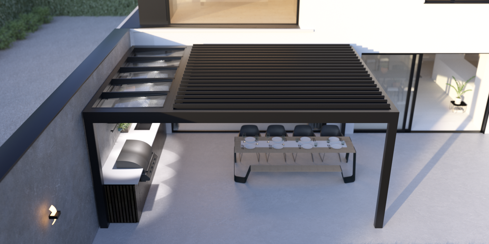 Pergola moderne en aluminium à lames orientables, avec cuisine extérieure intégrée et espace repas, attenante à une maison contemporaine.