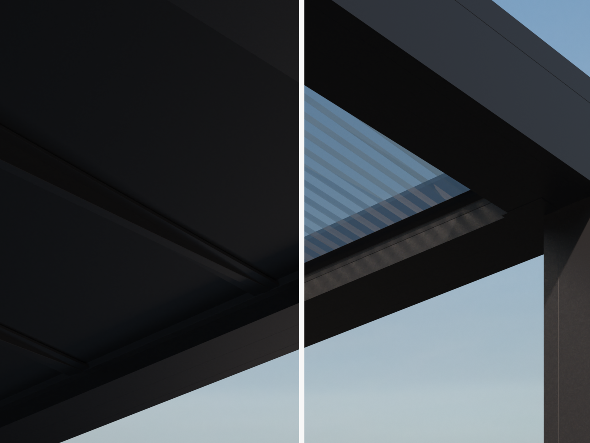 Nahaufnahme der Aluminium‑Pergola B720 mit festem Glaselement neben verstellbaren XL‑Lamellen in einem klaren modernen Design