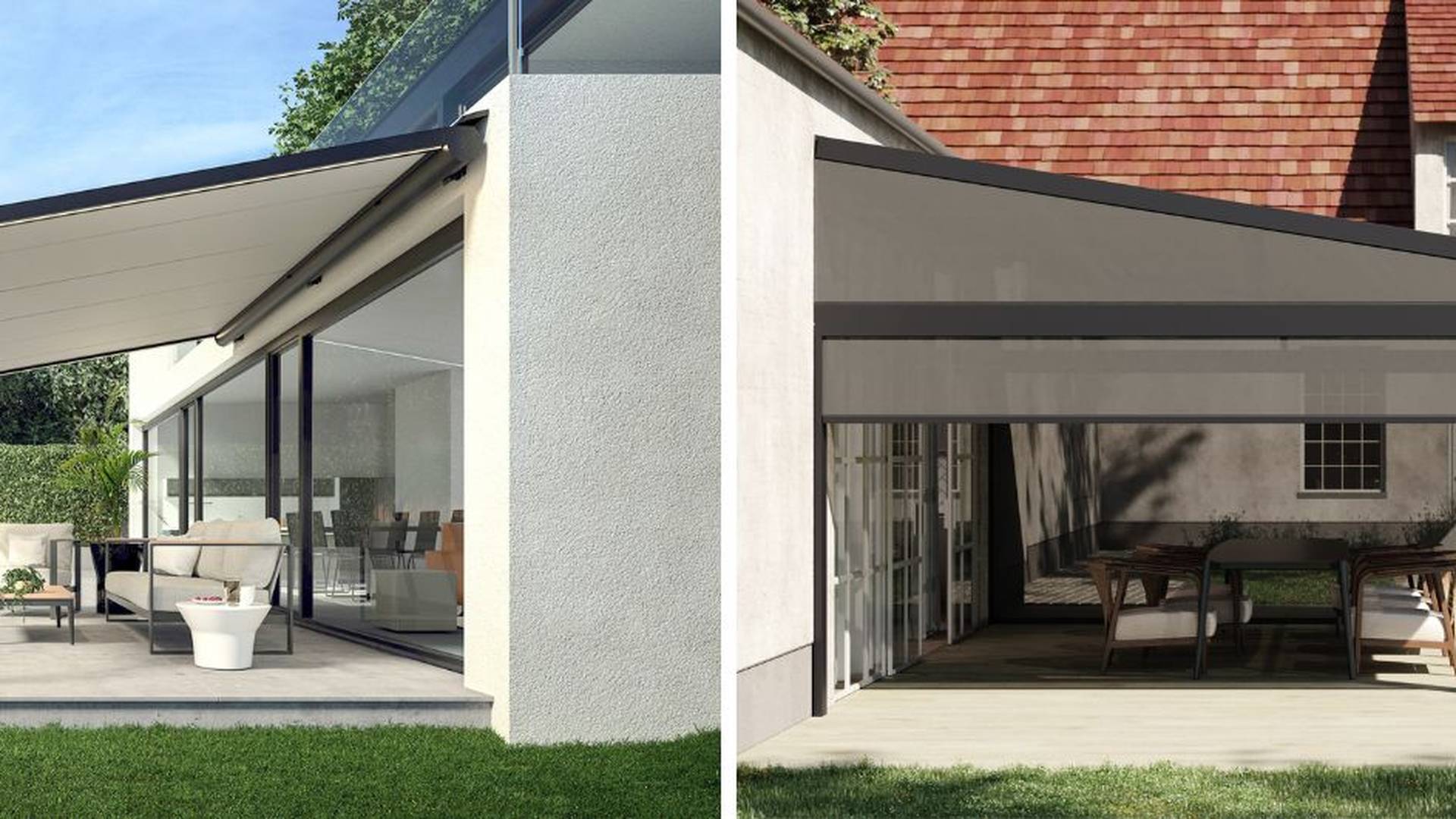 Tweedelige afbeelding met links een uitschuifbaar zonnescherm boven een modern terras met loungeset en rechts een pergola met doekdak en neergelaten screen boven een buiteneethoek.