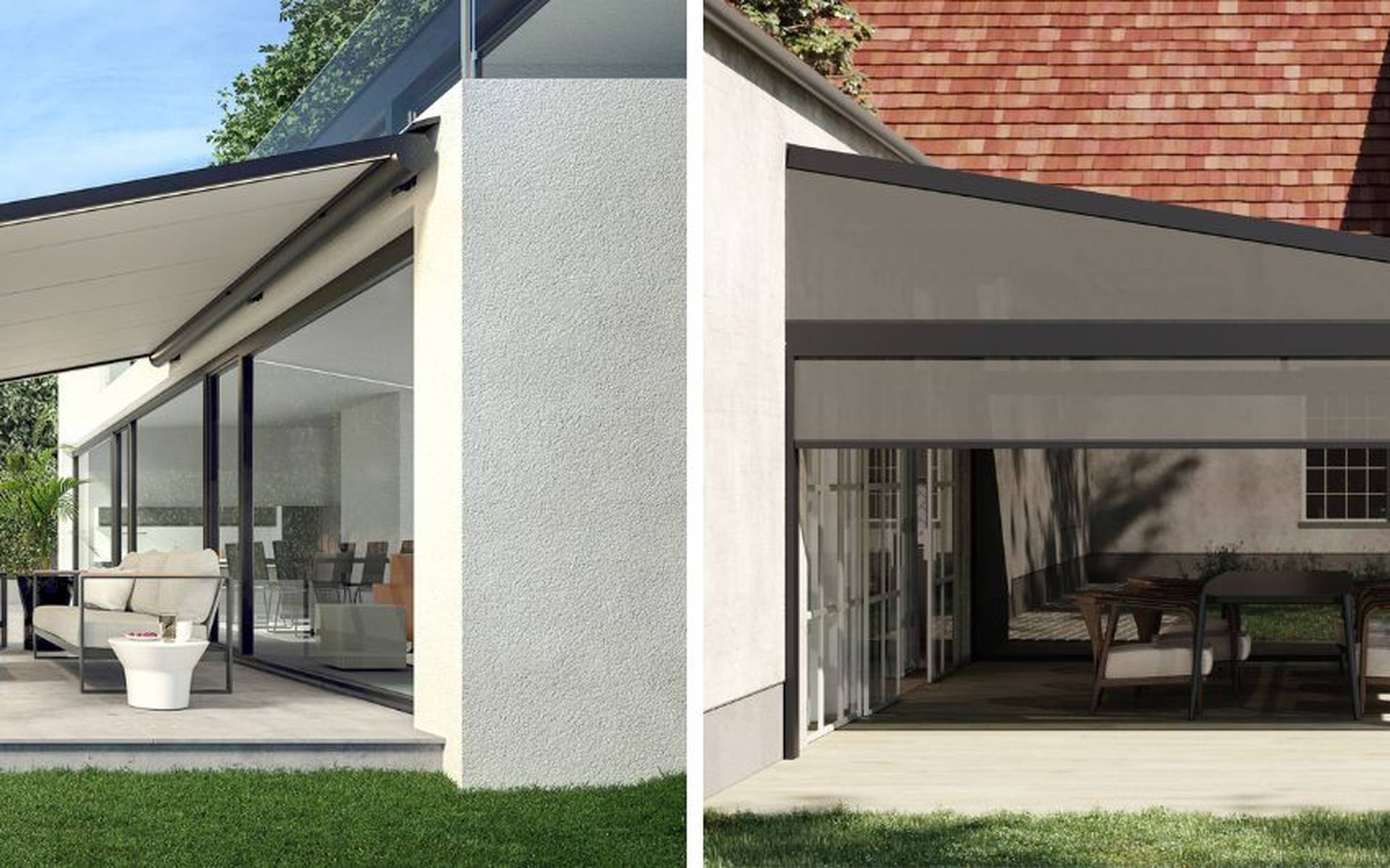 Side‑by‑side view of two terrace setups: a retractable awning shading a modern patio with lounge seating on the left, and a fabric‑roof pergola with a lowered screen covering an outdoor dining area on the right.