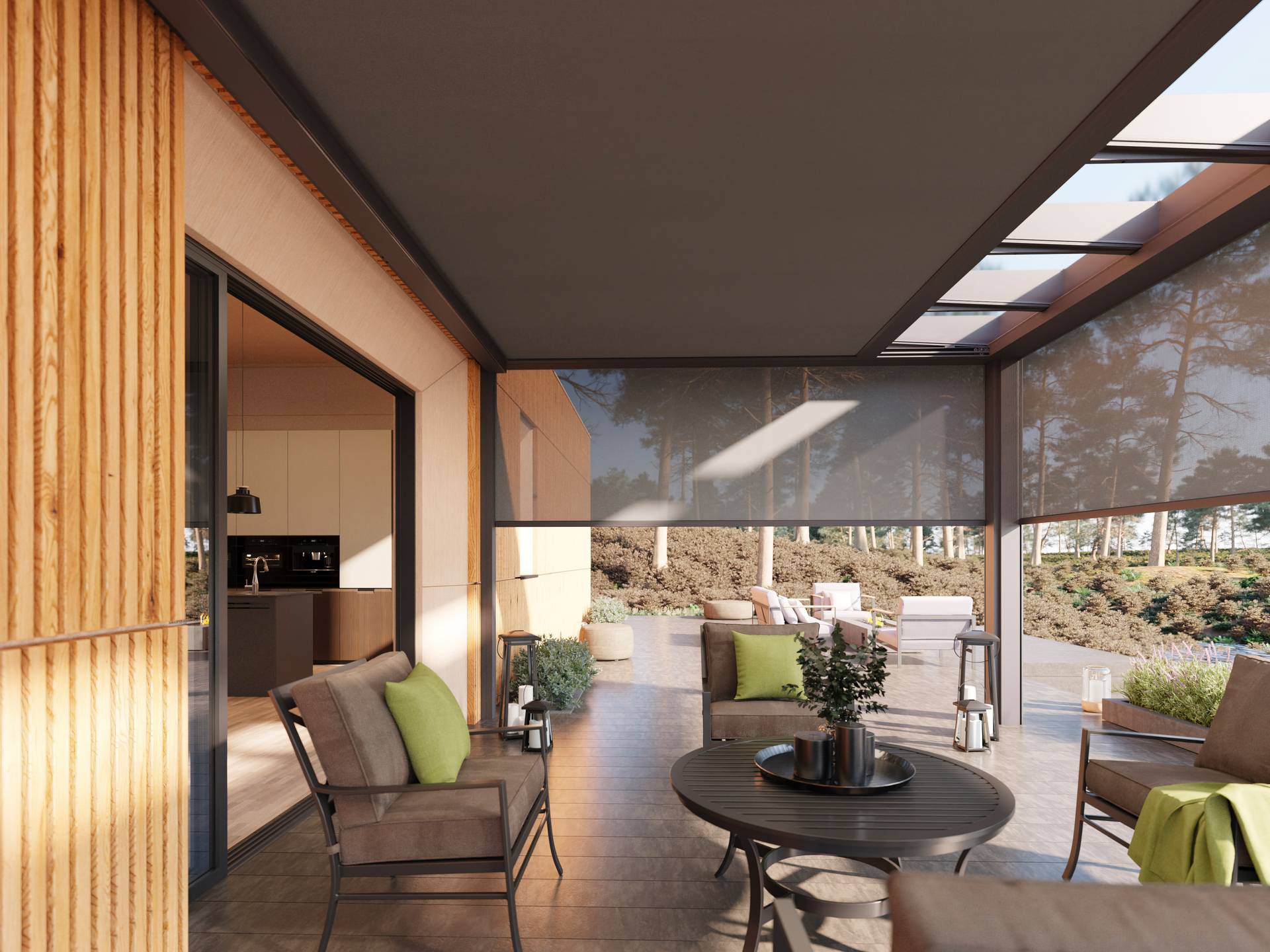 Aluminium B700 glass roof pergola with lowered ZIP screens creating a shaded outdoor lounge area connected to a modern home