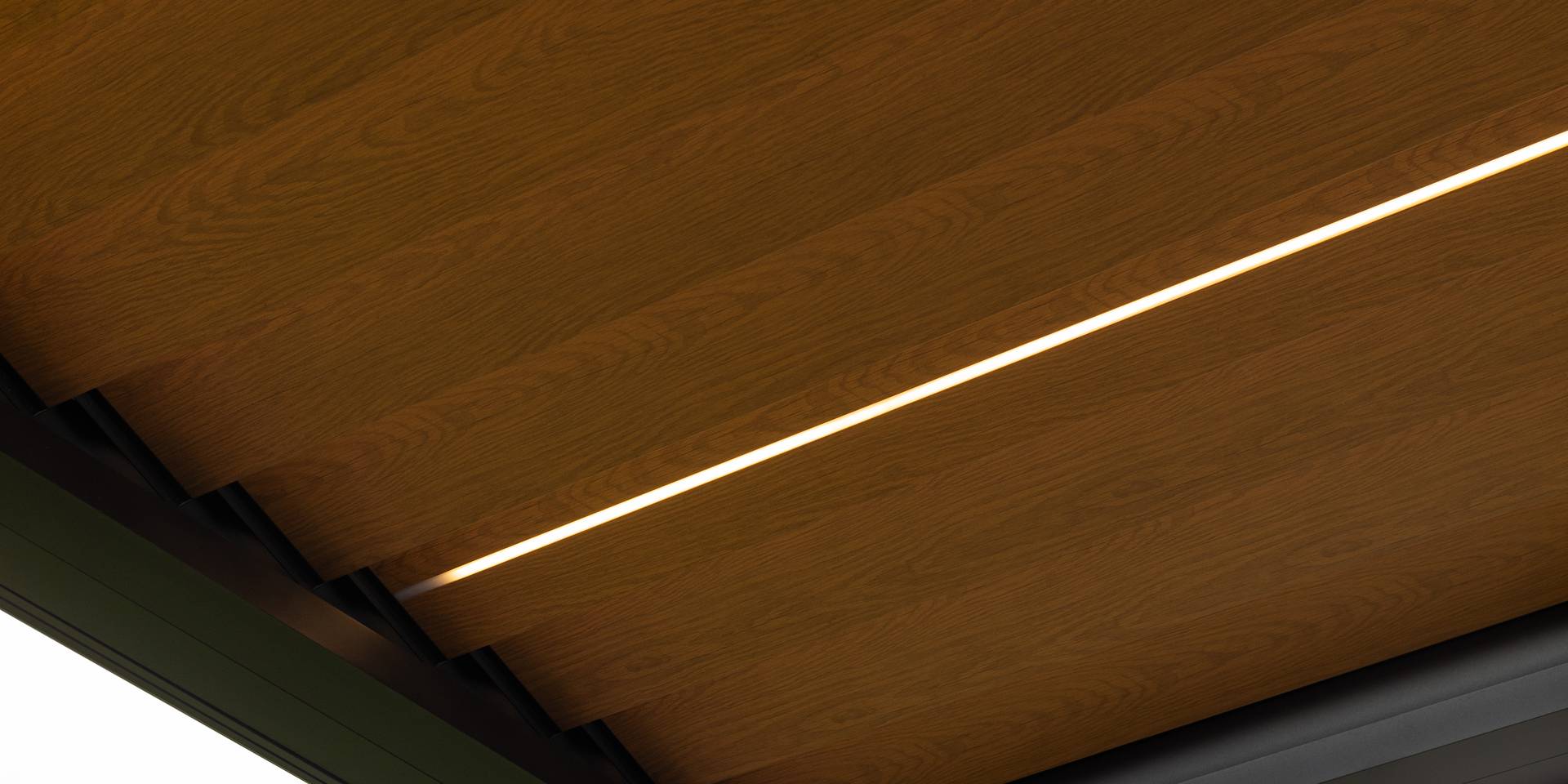 Close‑up of aluminium pergola louvres in a wood‑effect finish with an integrated LED light line.