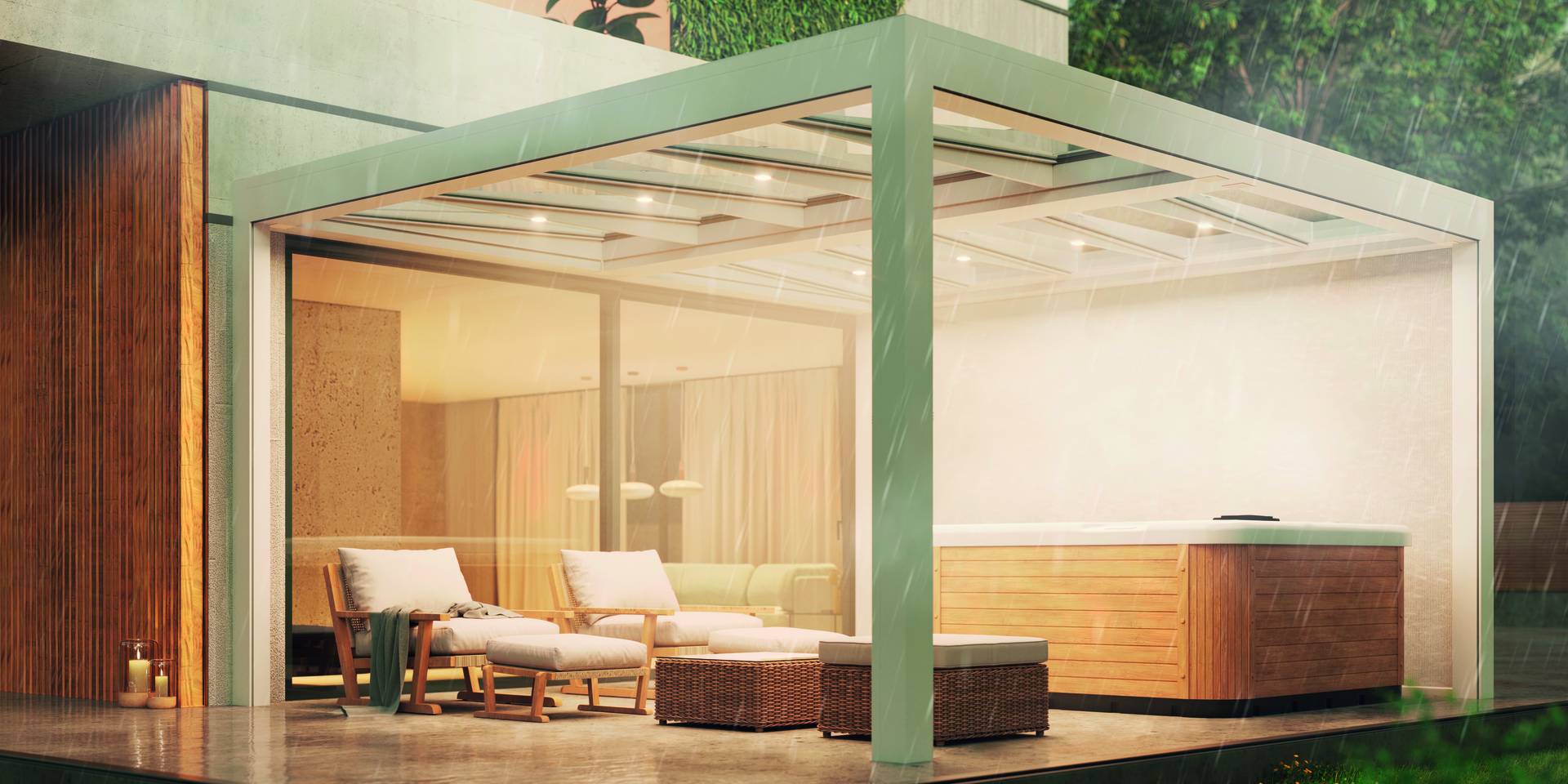 Pergola en aluminium à toiture fixe vitrée avec éclairage LED intégré, abritant un espace lounge et un jacuzzi sous la pluie.