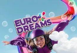 EuroDreams Logo fliegt zusammen mit einer Frau durch die Luft