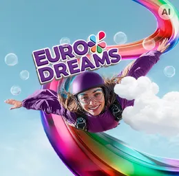 EuroDreams Logo fliegt zusammen mit einer Frau durch die Luft