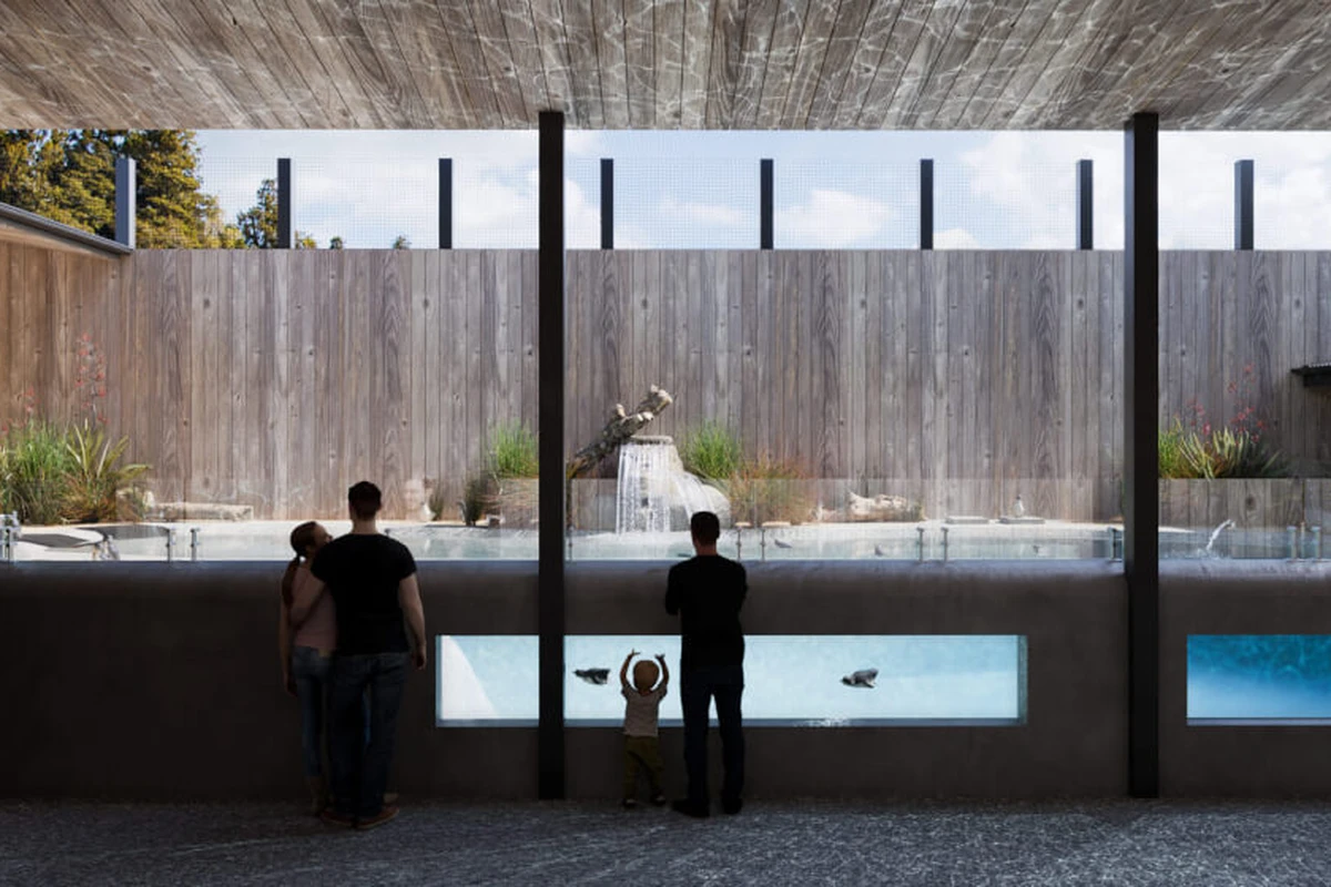 People viewing aquatic exhibits through glass panels in a modern, open-air wooden structure with natural lighting.