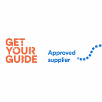 Get Your Guide logo in orange with Approved supplier in blue text and a dotted blue line on a white background