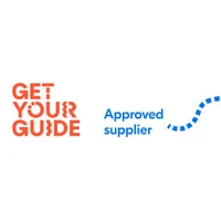 Get Your Guide logo in orange with Approved supplier in blue text and a dotted blue line on a white background