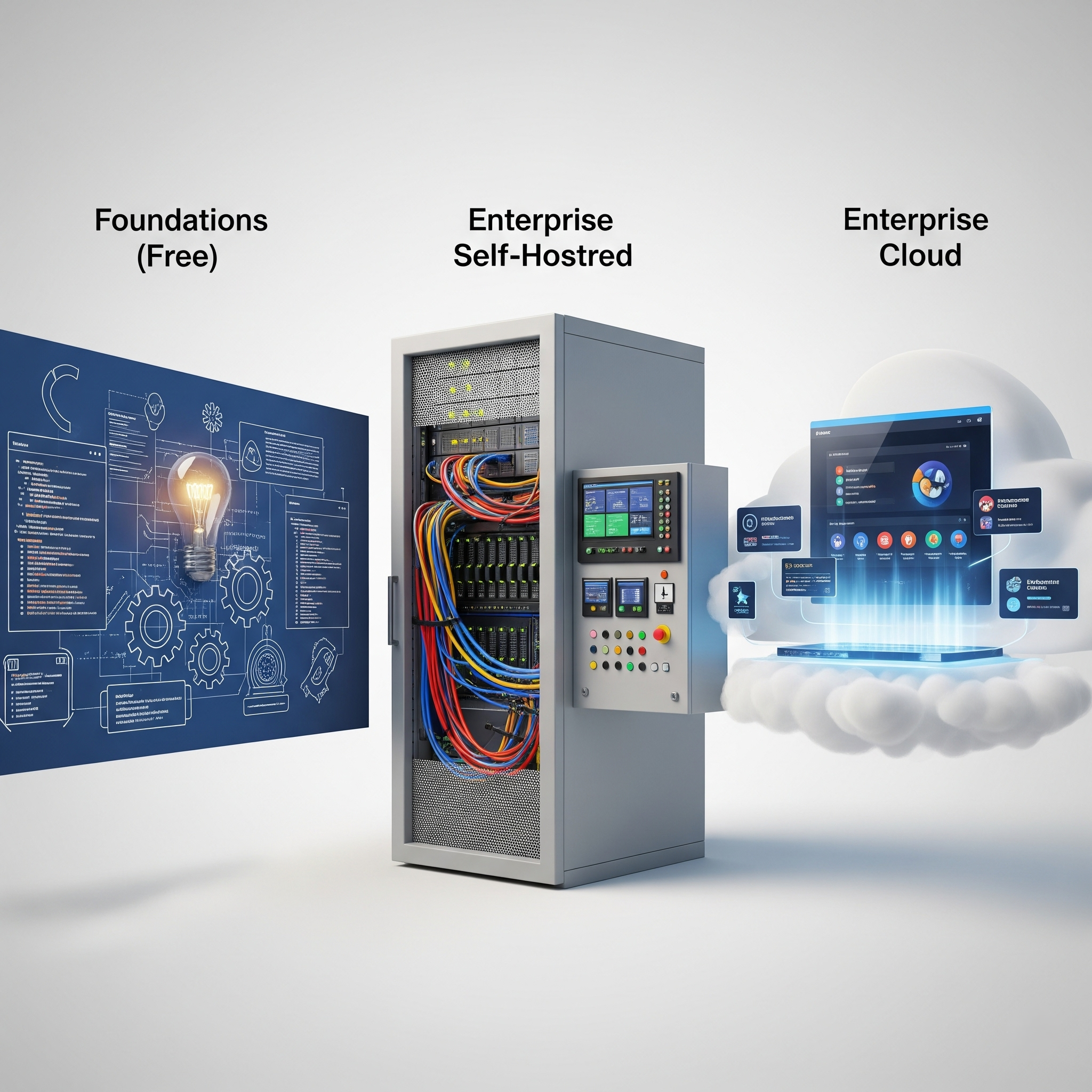 A visual comparison of three software tiers: 'Foundations (Free)' as a blueprint, 'Enterprise Self-Hosted' as a physical server rack, and 'Enterprise Cloud' as a managed cloud-based dashboard.