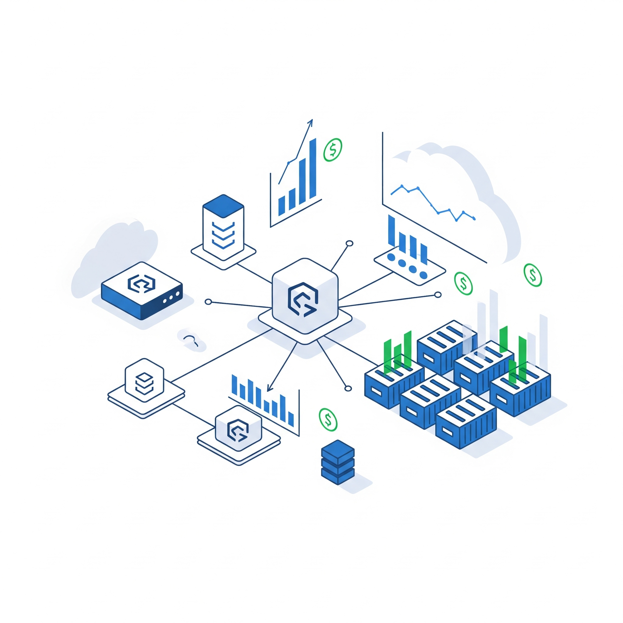 An isometric illustration showing a central Kubernetes cost management platform connecting cloud resources like containers and servers to financial data visualizations, symbolizing the integration of technical infrastructure with cost analysis