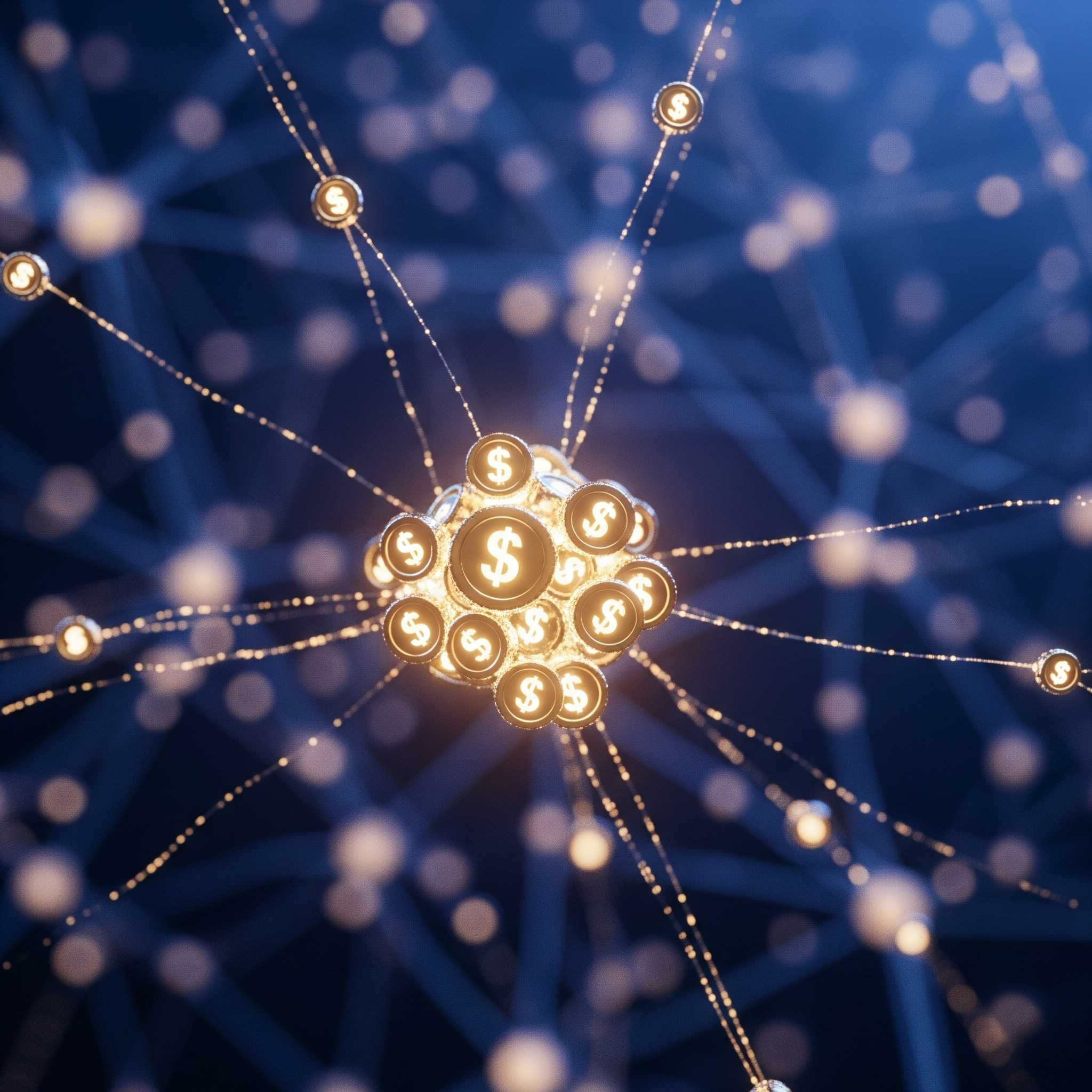 An abstract representation of a distributed cost network, with a central cluster of glowing dollar-sign icons connected by a web of light, symbolizing the complex, granular nature of LLM unit economics.