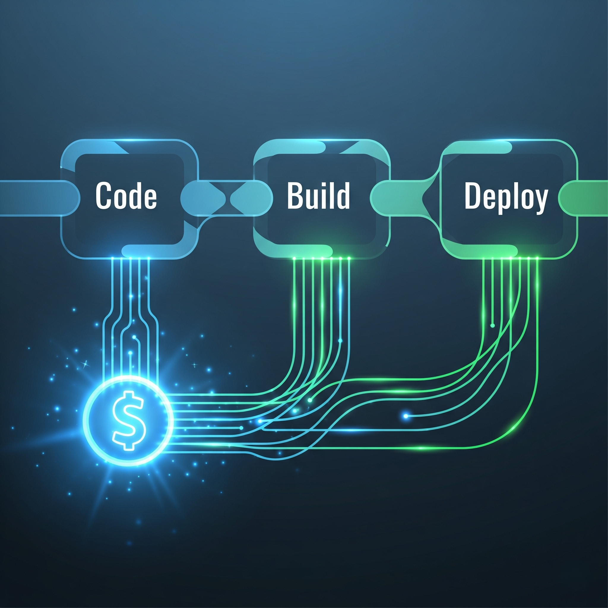 An illustration of shifting FinOps left, where a glowing dollar-sign icon is integrated into the 'Code' stage of a CI/CD pipeline, showing cost as a foundational element of the development process.
