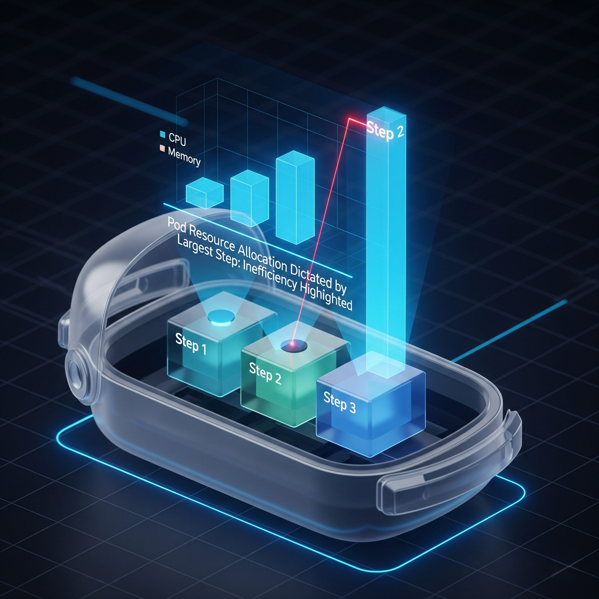 A holographic interface showing that a Tekton pod's resource allocation is dictated by its most demanding step, 'Step 2,' highlighting the inefficiency and waste created during the less intensive steps