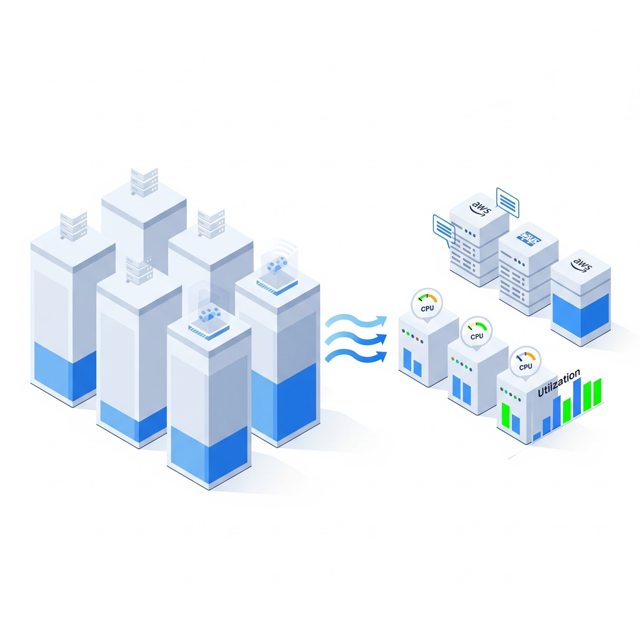 An illustration of EC2 instance rightsizing, showing the transition from large, underutilized servers to smaller, more efficient AWS instances with high CPU utilization, symbolizing the elimination of cloud waste.