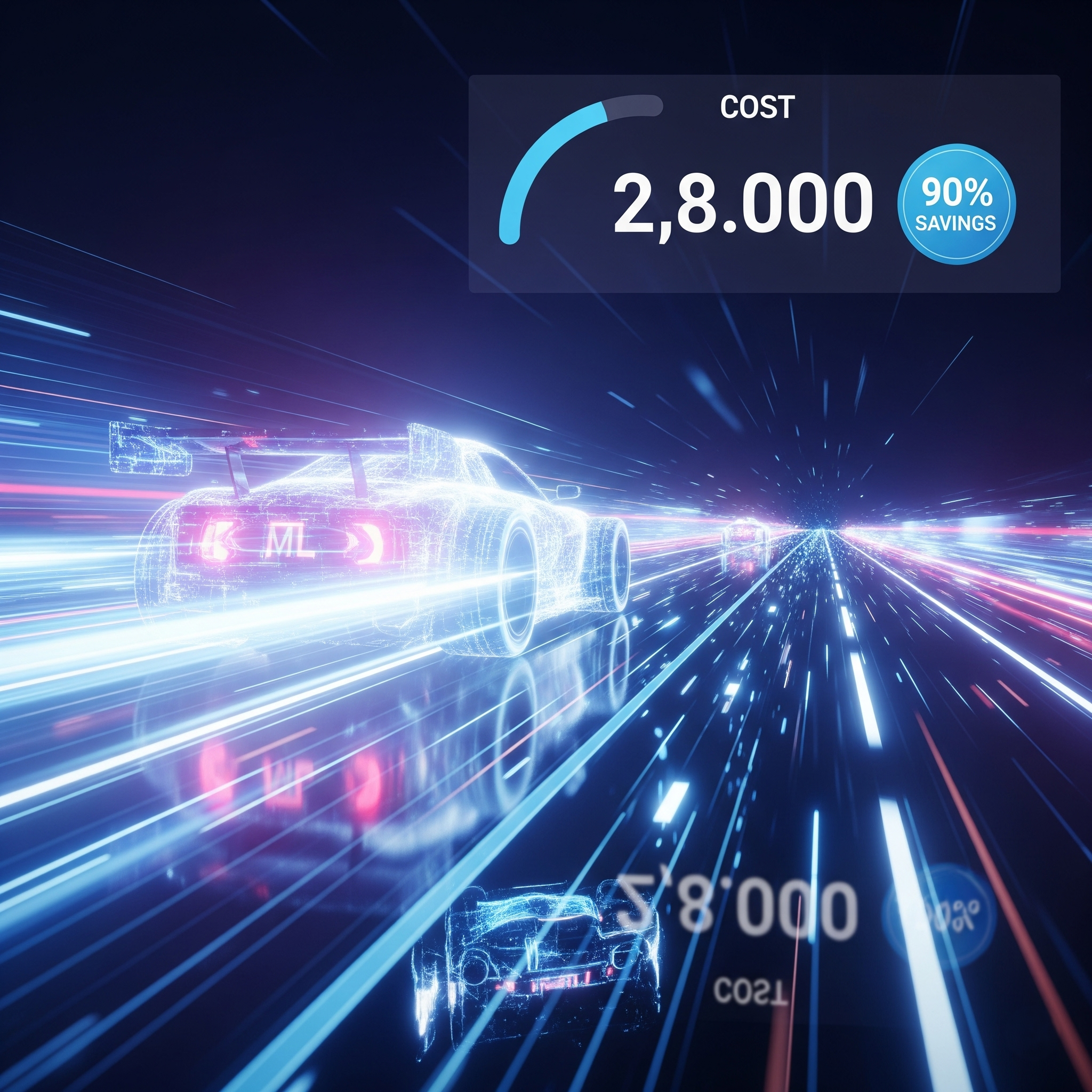 A futuristic race car labeled 'ML' speeding through a data stream, with an overlay showing a 90% cost savings, symbolizing the high performance and significant cost reduction achievable with Spot Instances for ML training.