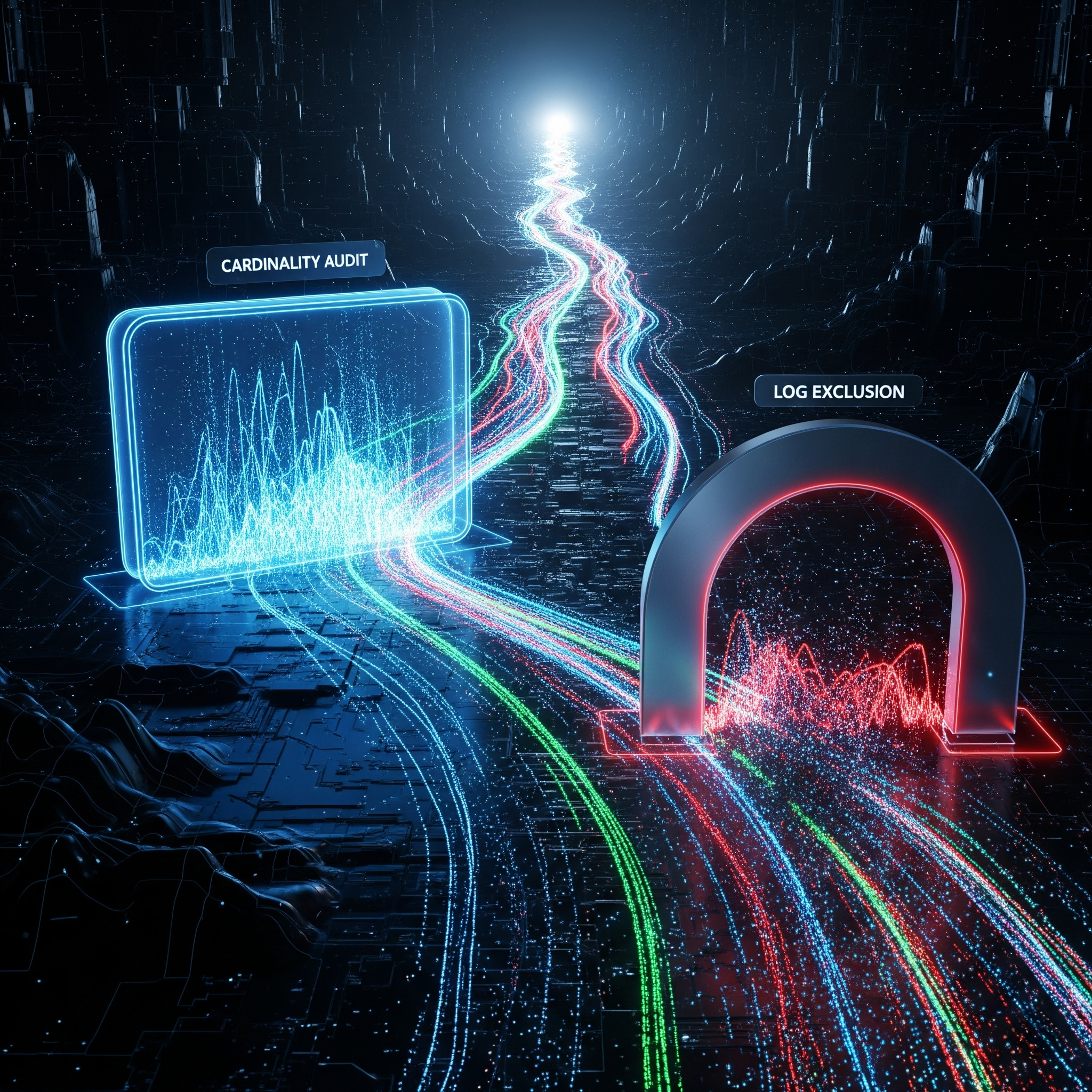 A data pipeline showing observability cost optimization, where a 'Cardinality Audit' analyzes data streams and a 'Log Exclusion' filter removes unnecessary data to reduce costs.