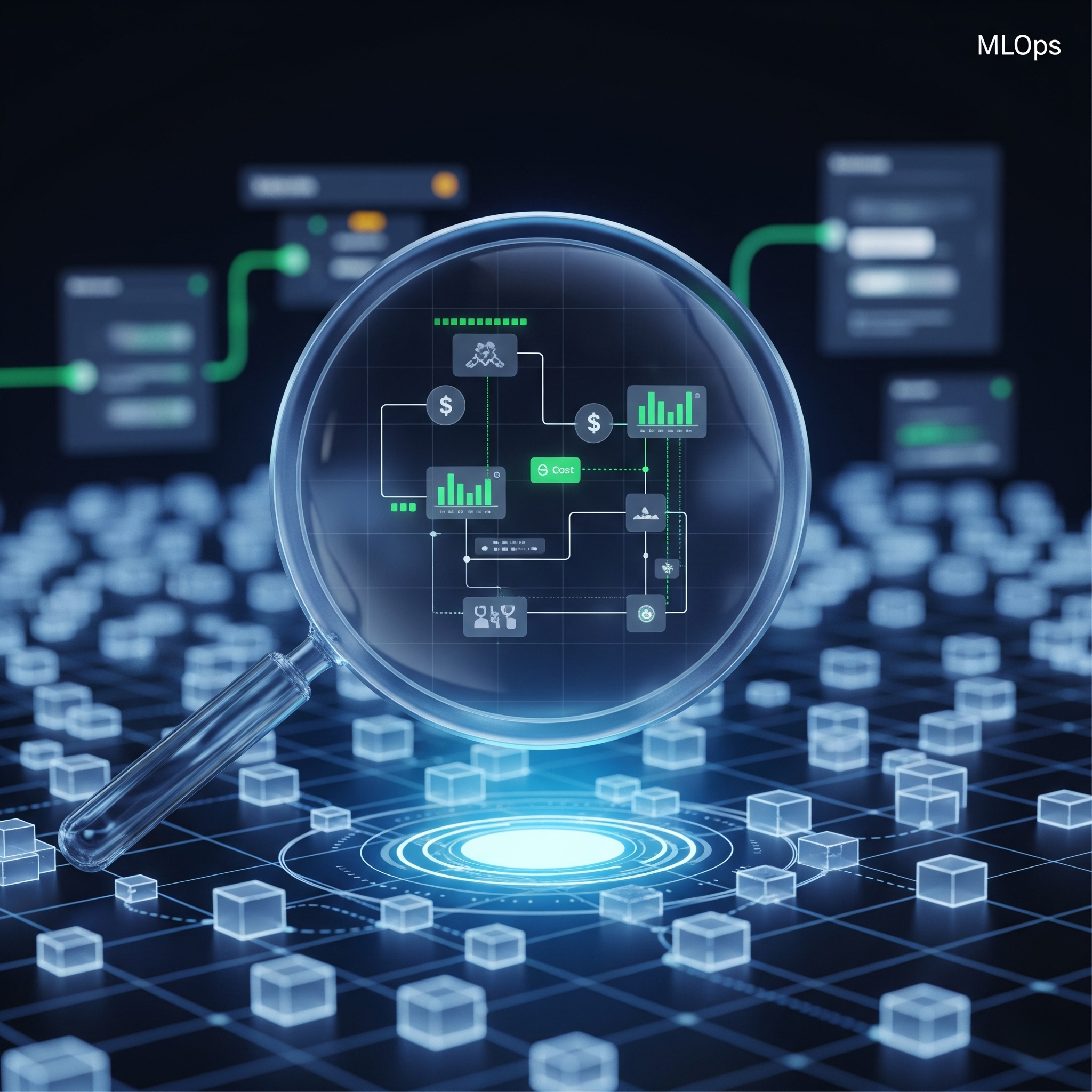 A magnifying glass providing a detailed view of a cost and resource workflow, symbolizing the deep visibility and financial tracking required for MLOps and Kubeflow pipeline cost tracking