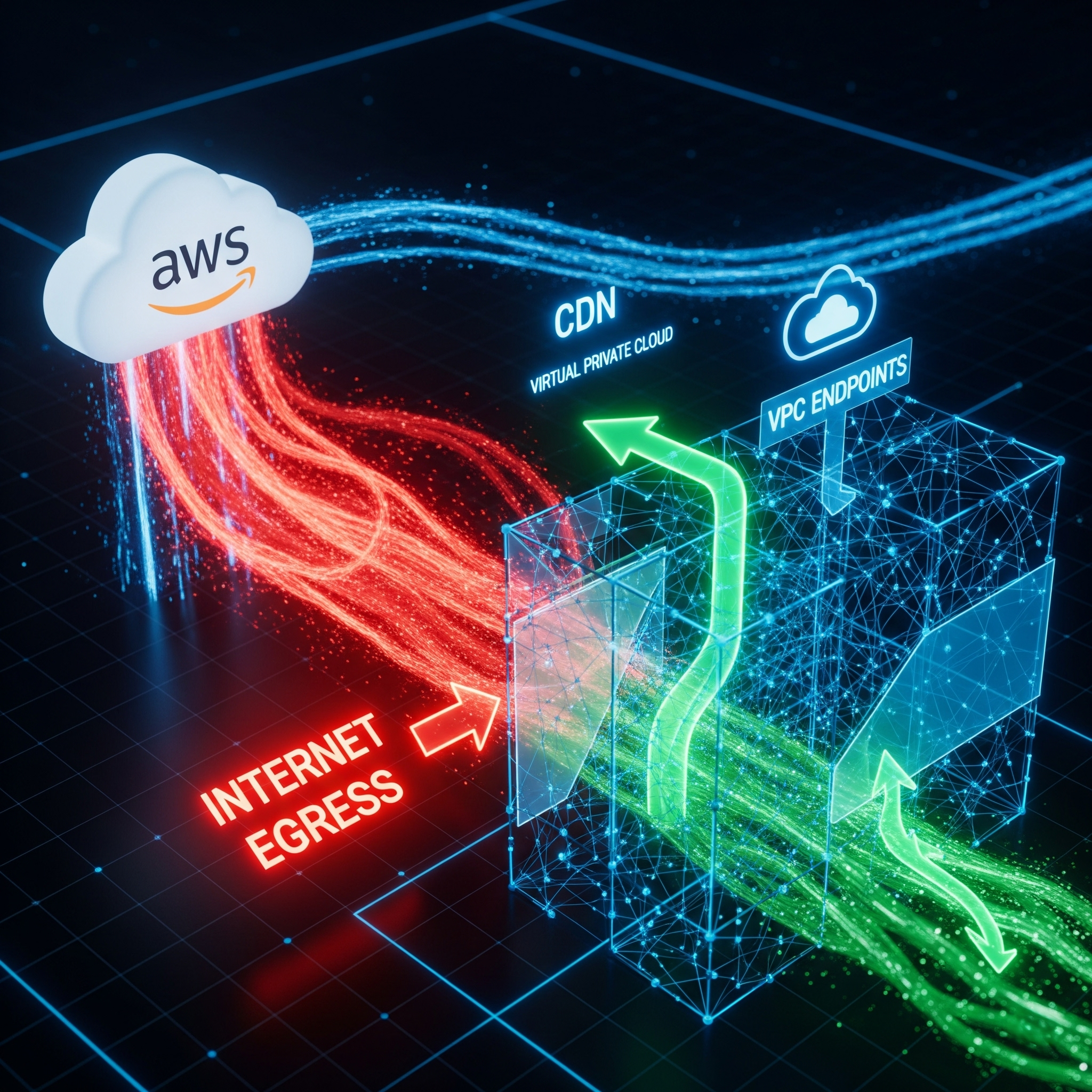 An illustration of reducing AWS egress costs. Red data streams representing expensive 'Internet Egress' are rerouted through a CDN and VPC Endpoints, becoming optimized green streams to save money