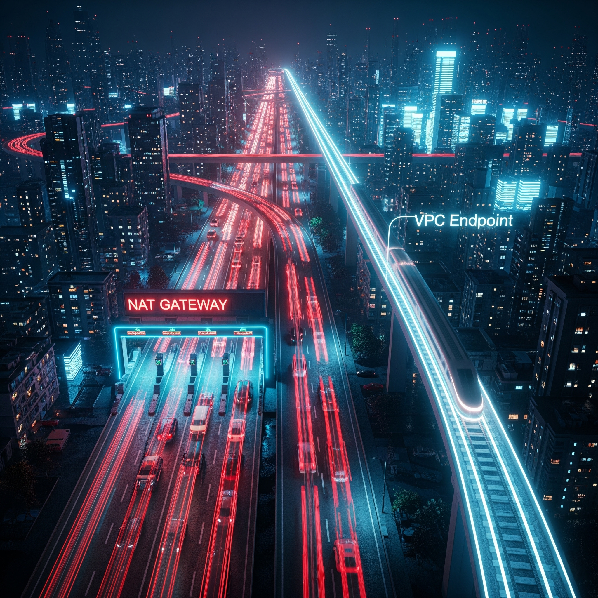 A comparison of a congested highway labeled 'NAT Gateway' with a sleek, efficient monorail labeled 'VPC Endpoint,' symbolizing the VPC Endpoint as a more direct and cost-effective alternative for private network traffic