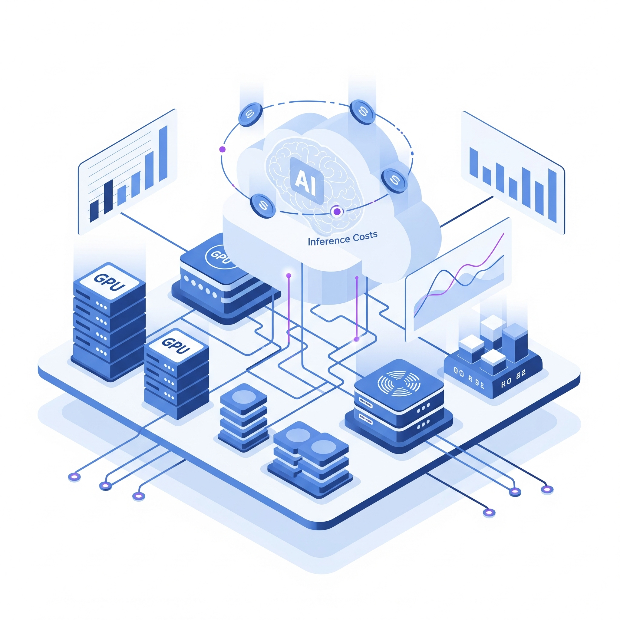 An isometric diagram illustrating the concept of AI inference costs, featuring a central AI brain in a cloud connected to GPU servers and data infrastructure, with surrounding charts representing the financial overhead of running AI models