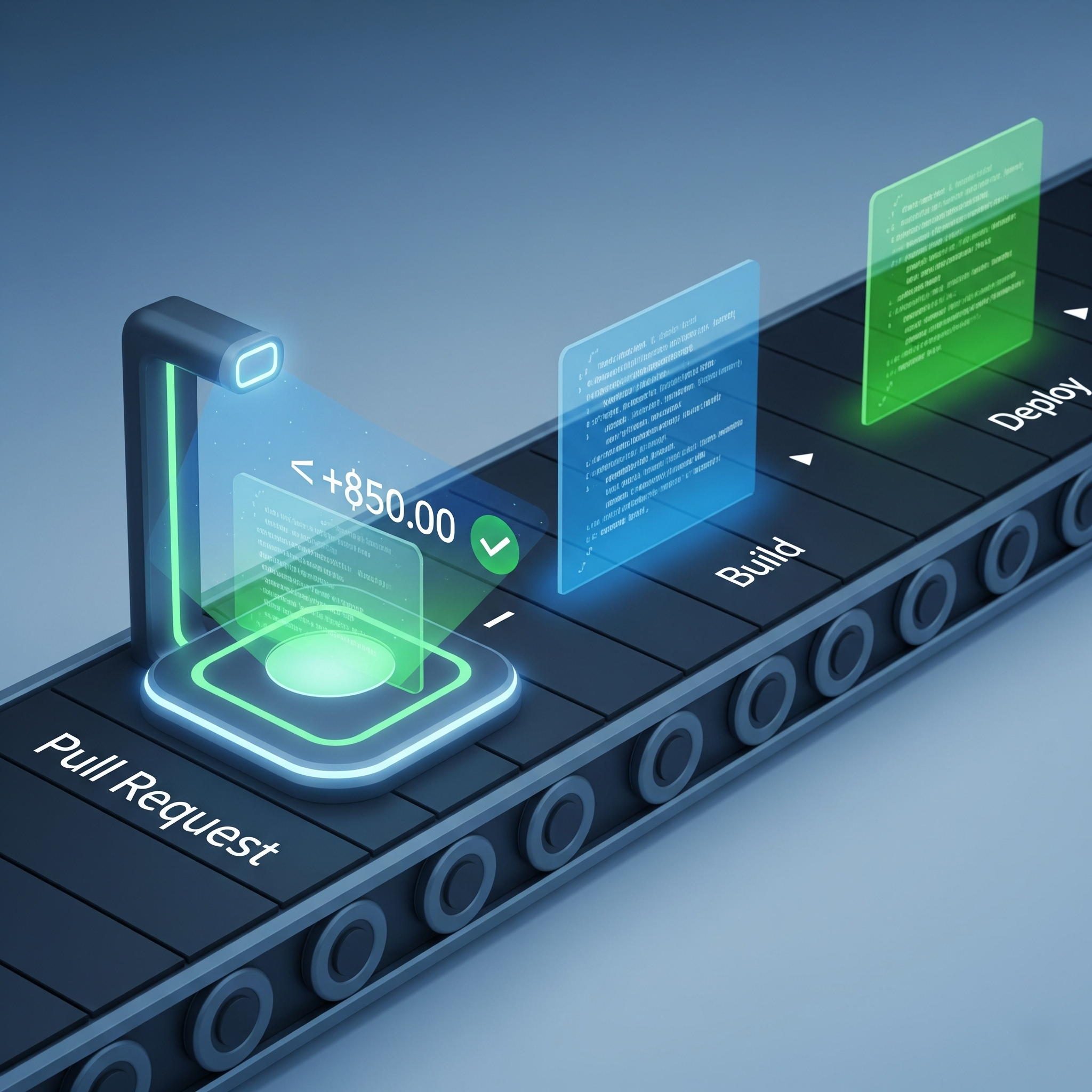 A CI/CD pipeline visualized as a conveyor belt, where a cost analysis tool scans a 'Pull Request' and provides an estimated financial impact, enabling cost awareness early in the development process.
