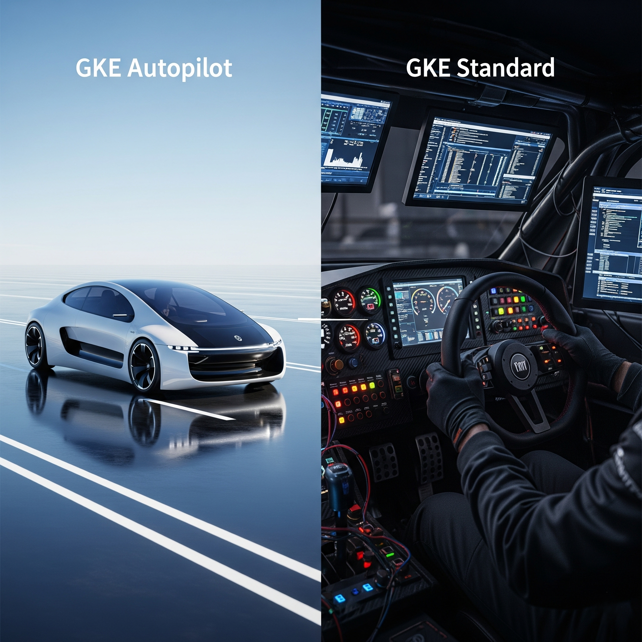A visual comparison between GKE Autopilot, represented by a sleek self-driving car, and GKE Standard, represented by the complex manual cockpit of a race car, symbolizing the difference between managed automation and manual control