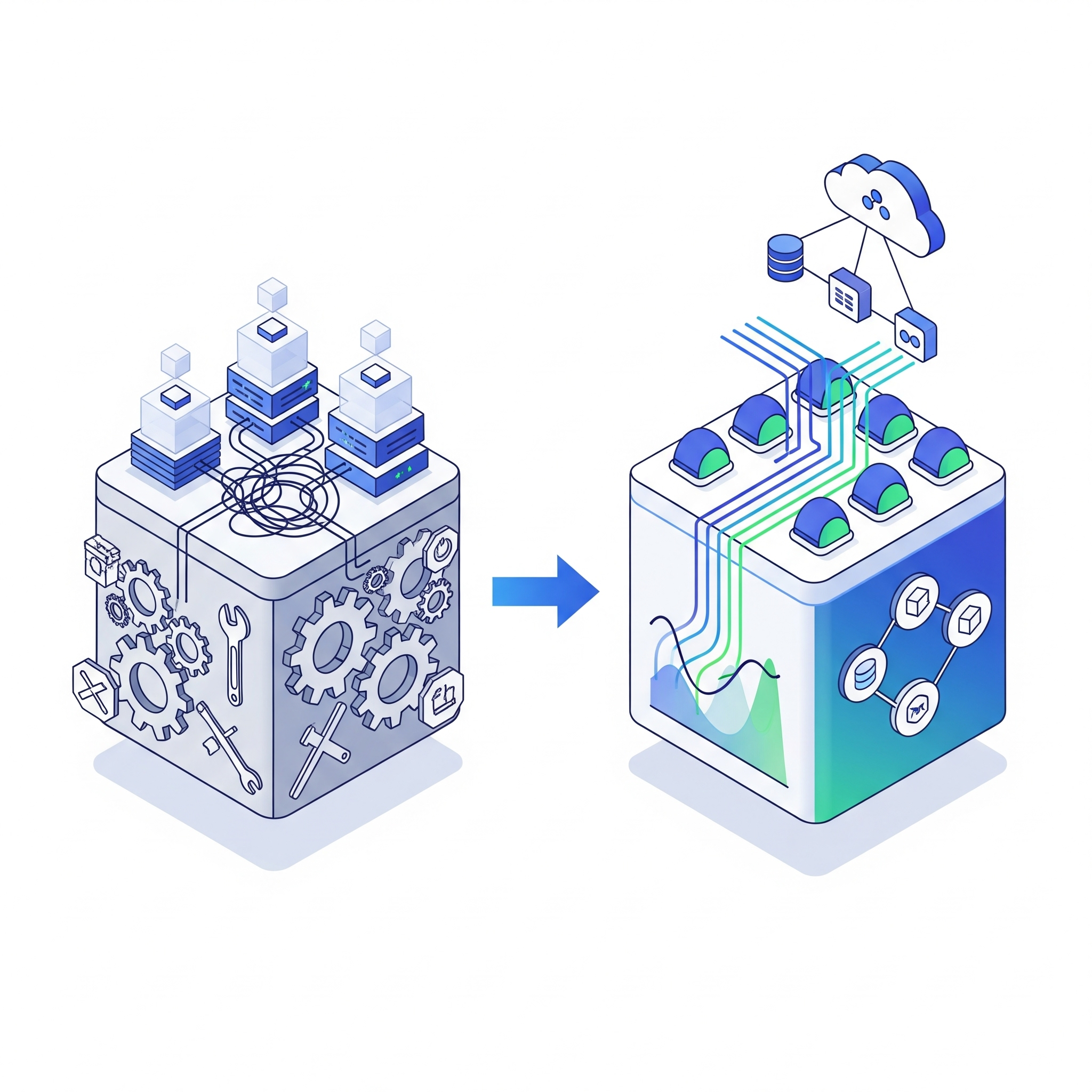 A before-and-after illustration contrasting a complex, manually-managed system, shown as a tangled cube with tools, with a streamlined and automated cloud-native platform, shown as an organized cube with clean data flows.