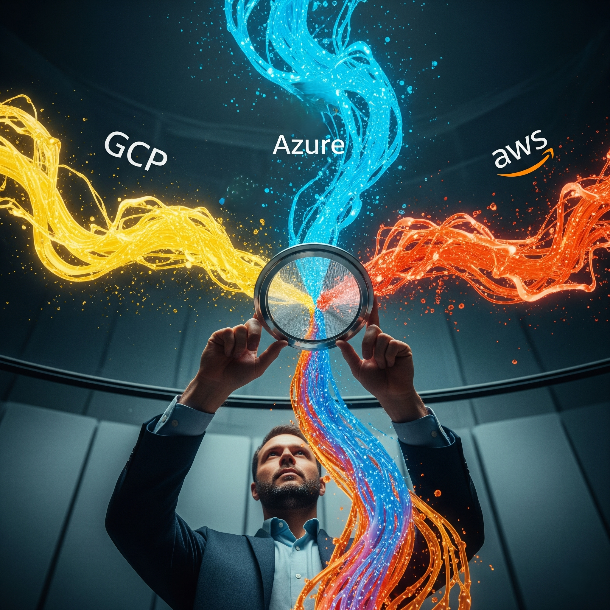 A person holding a lens that unifies separate data streams from GCP, Azure, and AWS into a single, cohesive flow, symbolizing multi-cloud cost and data management.