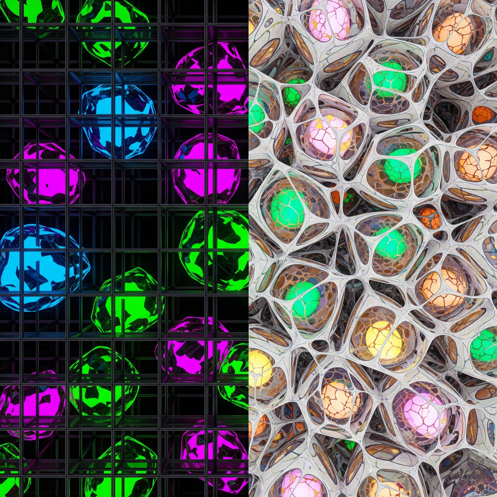A comparison of two architectures: a simple, rigid grid on the left representing the Cluster Autoscaler's fixed node groups, and a flexible, organic web on the right representing Karpenter's dynamic, right-sized node provisioning