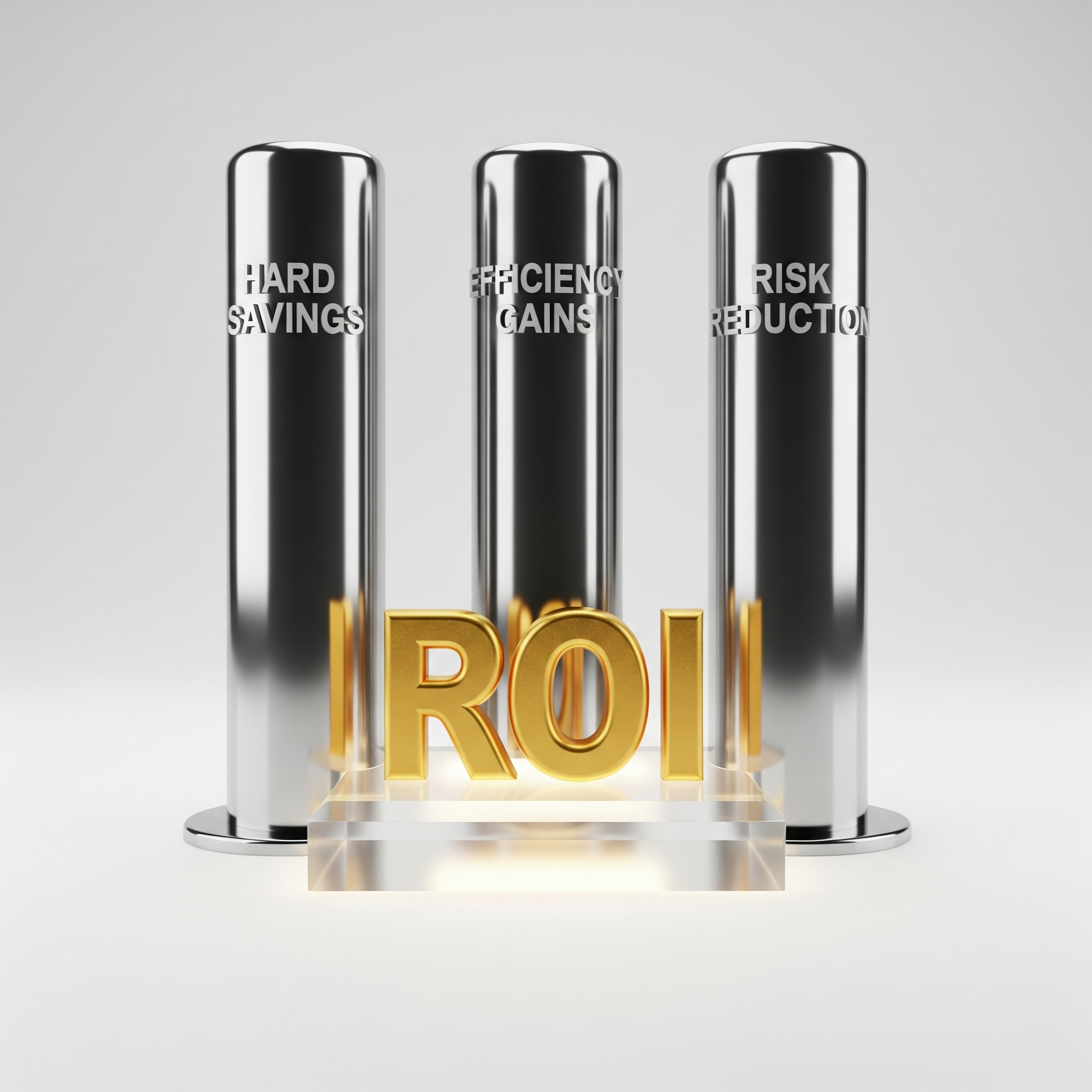 The letters ROI in gold, backed by three pillars representing its components: Hard Savings, Efficiency Gains, and Risk Reduction, symbolizing the key drivers of a positive return on investment.