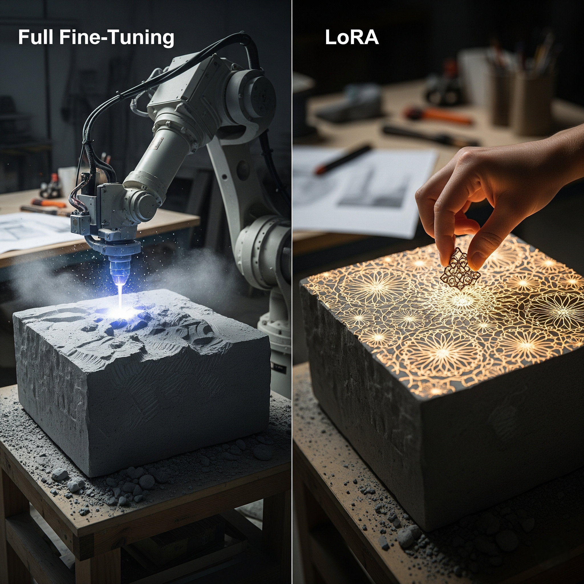 A comparison of AI model adaptation: 'Full Fine-Tuning' is a robot drastically carving a stone block, while 'LoRA' is a hand delicately adding a pattern, symbolizing LoRA as a more efficient fine-tuning method.