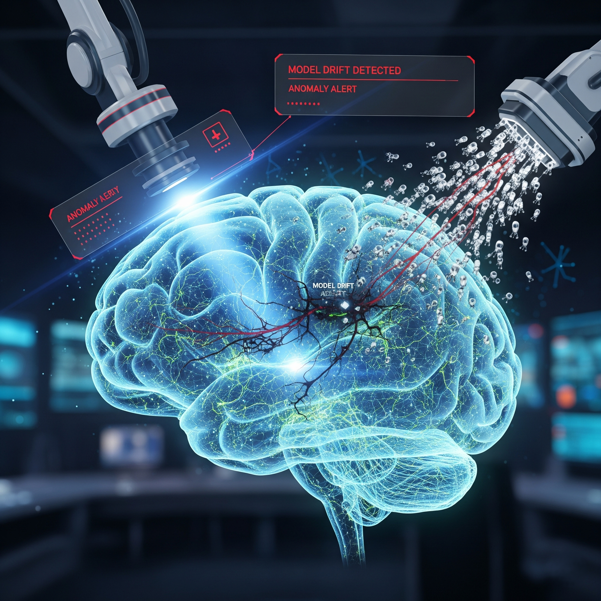 An AI model represented as a digital brain being monitored by robotic arms, which have triggered an 'ANOMALY ALERT' after detecting 'MODEL DRIFT,' symbolizing the process of MLOps monitoring.