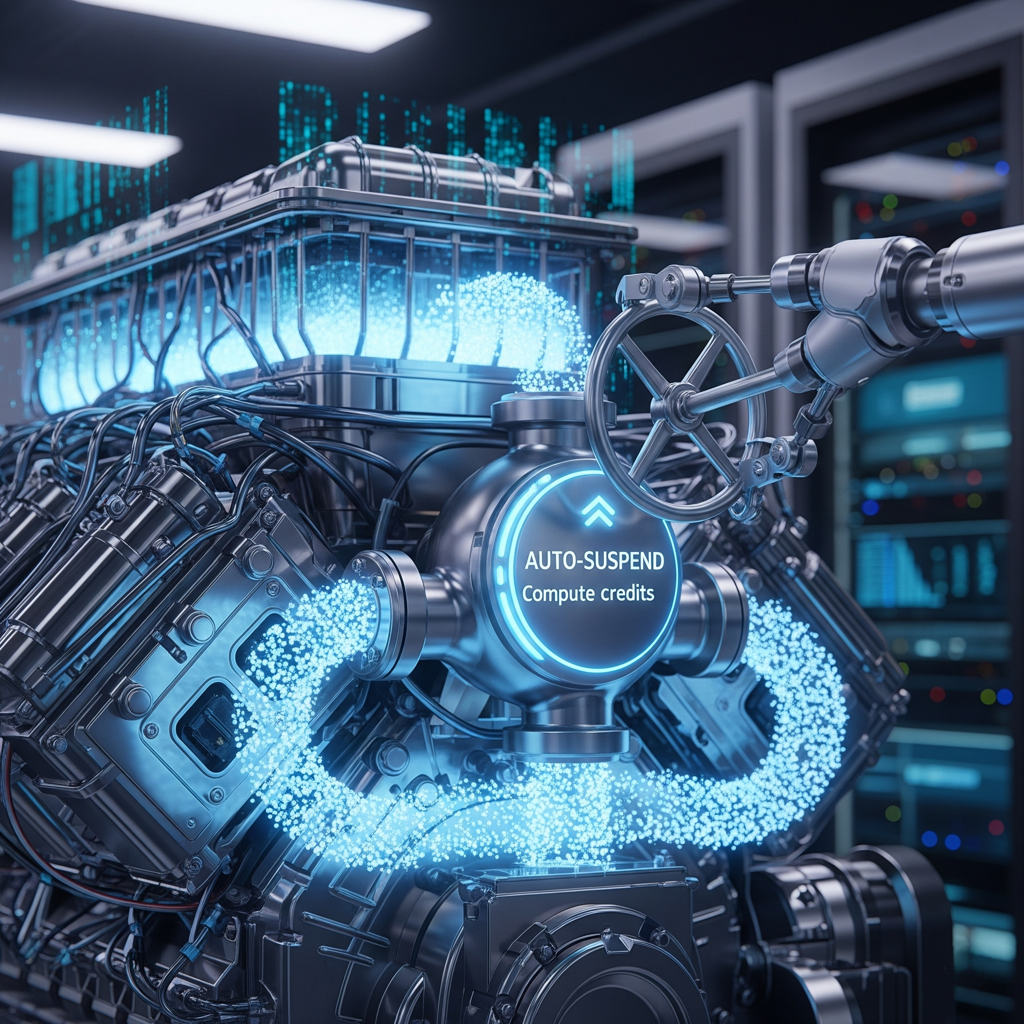 A complex machine representing a cloud data warehouse, where a valve labeled 'AUTO-SUSPEND' controls the flow of glowing 'Compute credits' to prevent waste when the system is idle