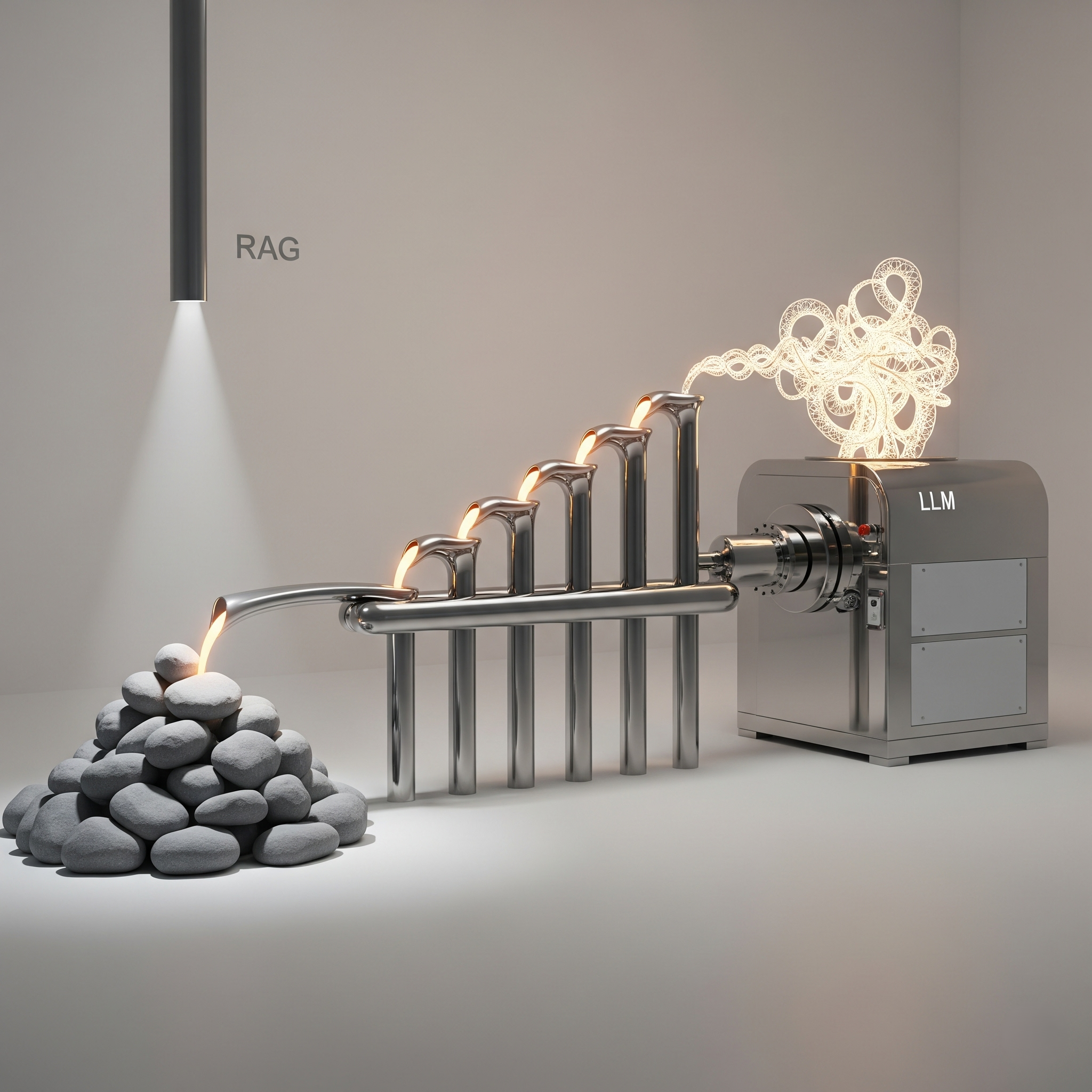 An illustration of the Retrieval-Augmented Generation (RAG) process, where RAG acts as a system to refine raw knowledge (stones) into contextual data for a Large Language Model (LLM) to generate an output