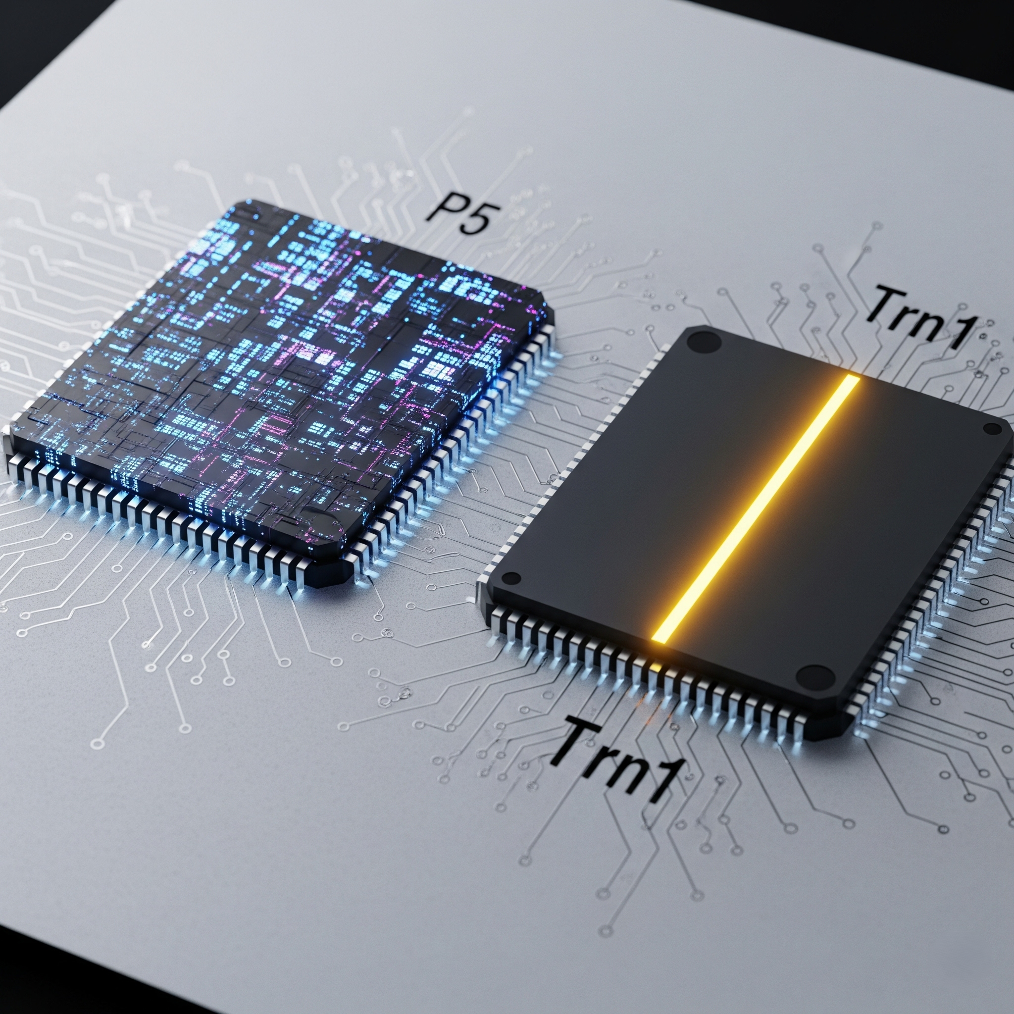 A comparison of two AWS accelerator chips, the general-purpose P5 instance chip (NVIDIA H100) and the specialized AWS Trn1 (Trainium) chip, designed for cost-effective deep learning training