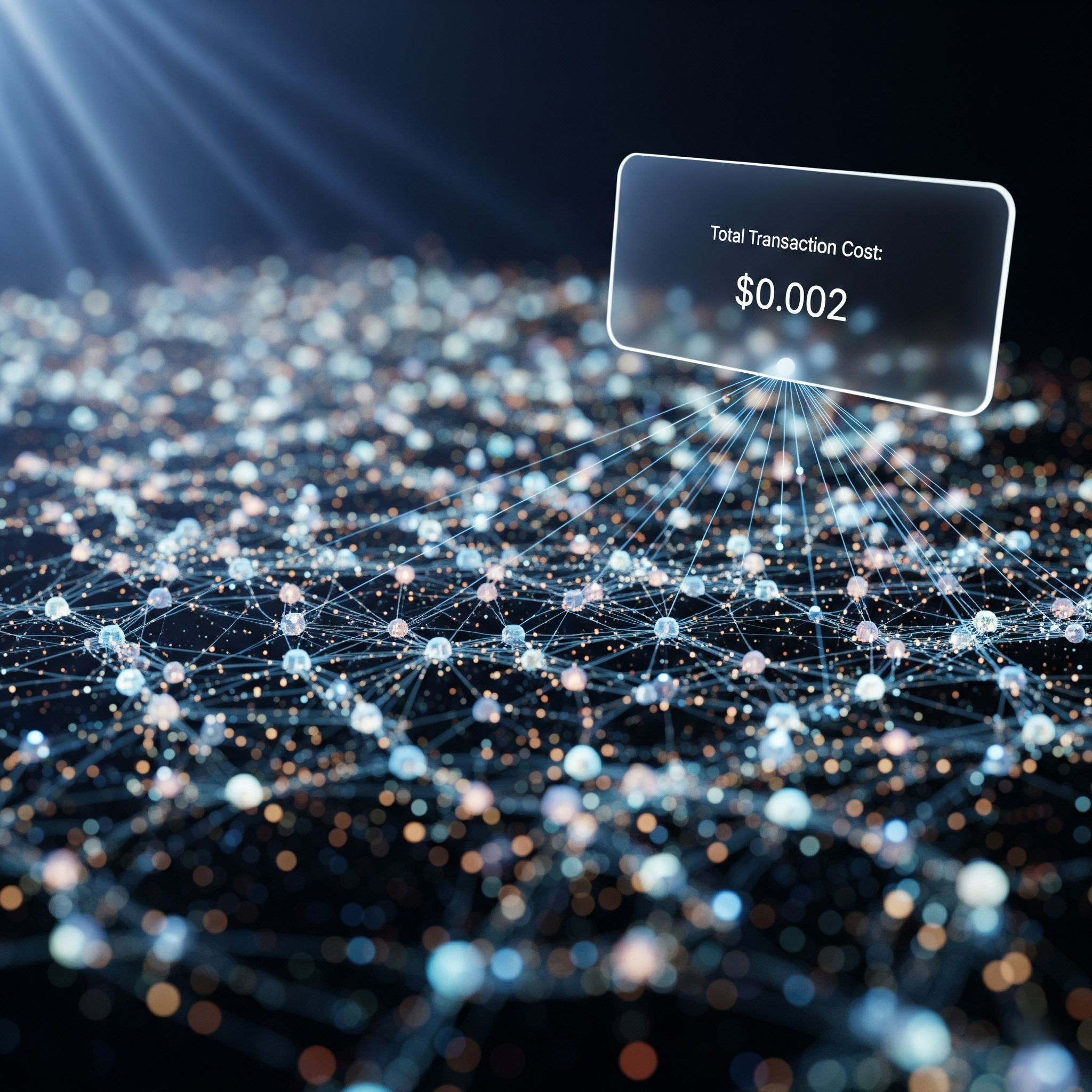 "A complex network representing a distributed serverless system, with a holographic tag showing the precise 'Total Transaction Cost' of a single event, symbolizing the concept of unit cost economics.