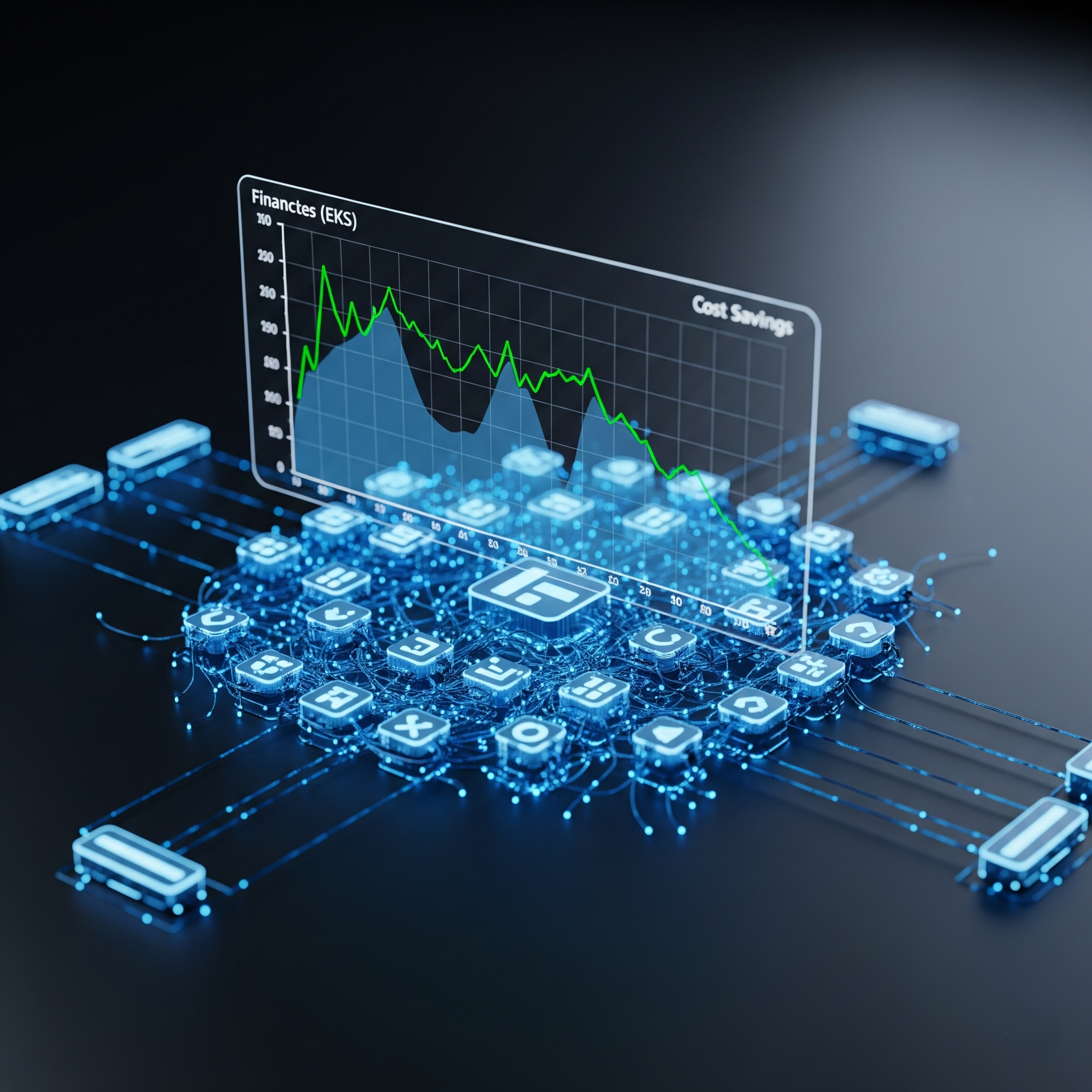 A holographic chart showing EKS cost savings, projected above a glowing blue microchip architecture representing a Kubernetes cluster, symbolizing financial visibility in a containerized environment