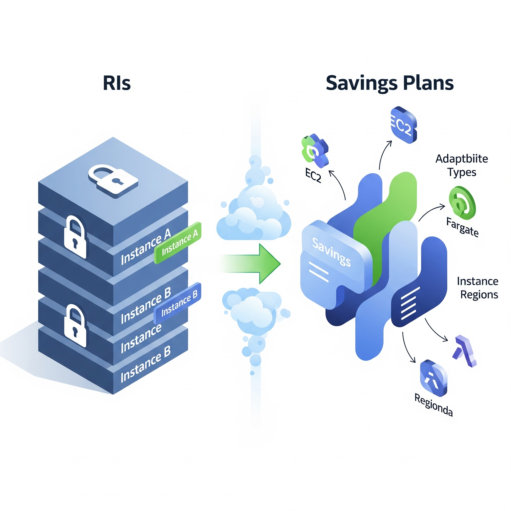 A visual comparison between AWS Reserved Instances (RIs) and Savings Plans, depicting RIs as rigid and locked-in, while Savings Plans are shown as a flexible commitment that covers multiple compute services like EC2 and Fargate.