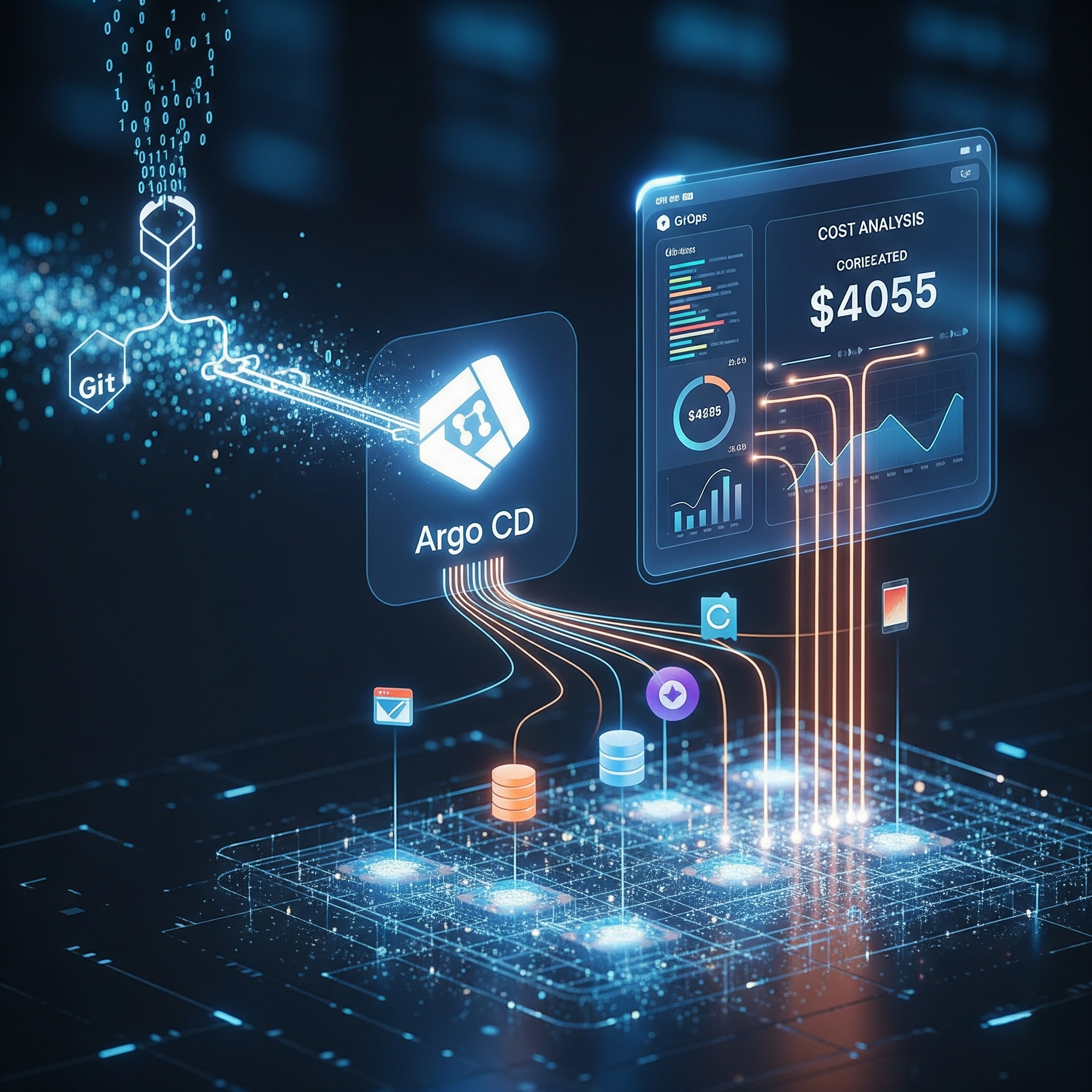 A GitOps workflow where a Git commit triggers Argo CD to manage deployments, with a connected dashboard providing a detailed 'Cost Analysis' of the provisioned resources