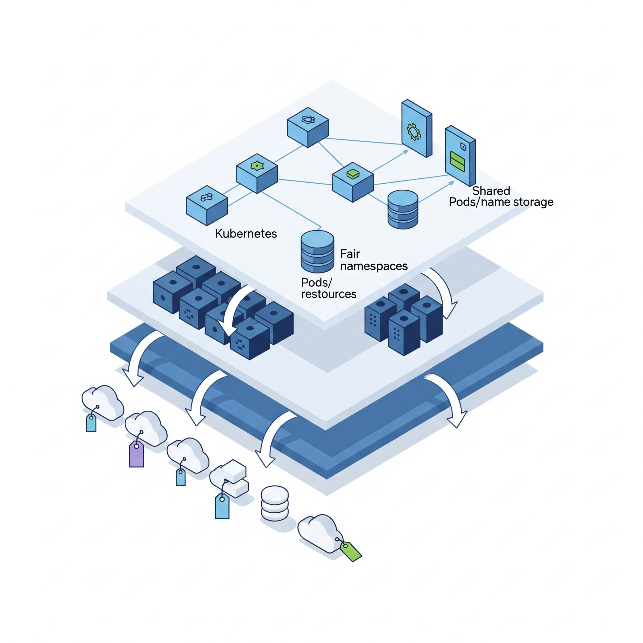 A layered architectural diagram demonstrating Kubernetes cost allocation, showing how resources like pods and namespaces are mapped down to the underlying cloud infrastructure components, each with an associated price tag.